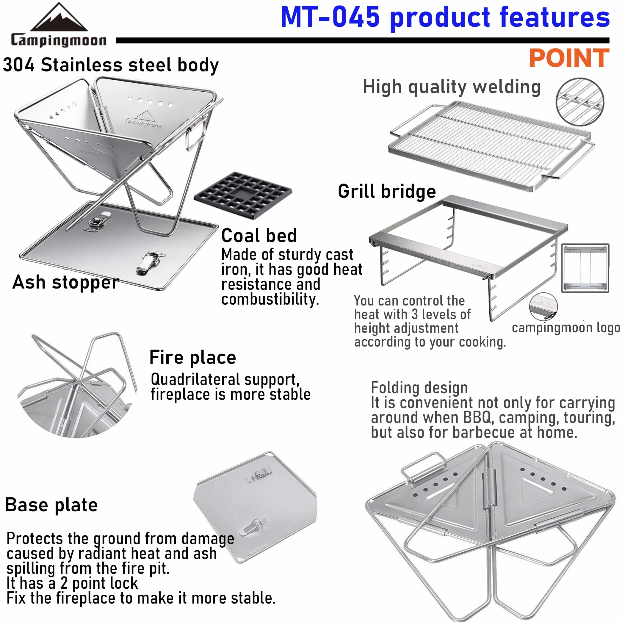 Campingmoon MT-045 - Parrilla plegable de acero inoxidable para barbacoa