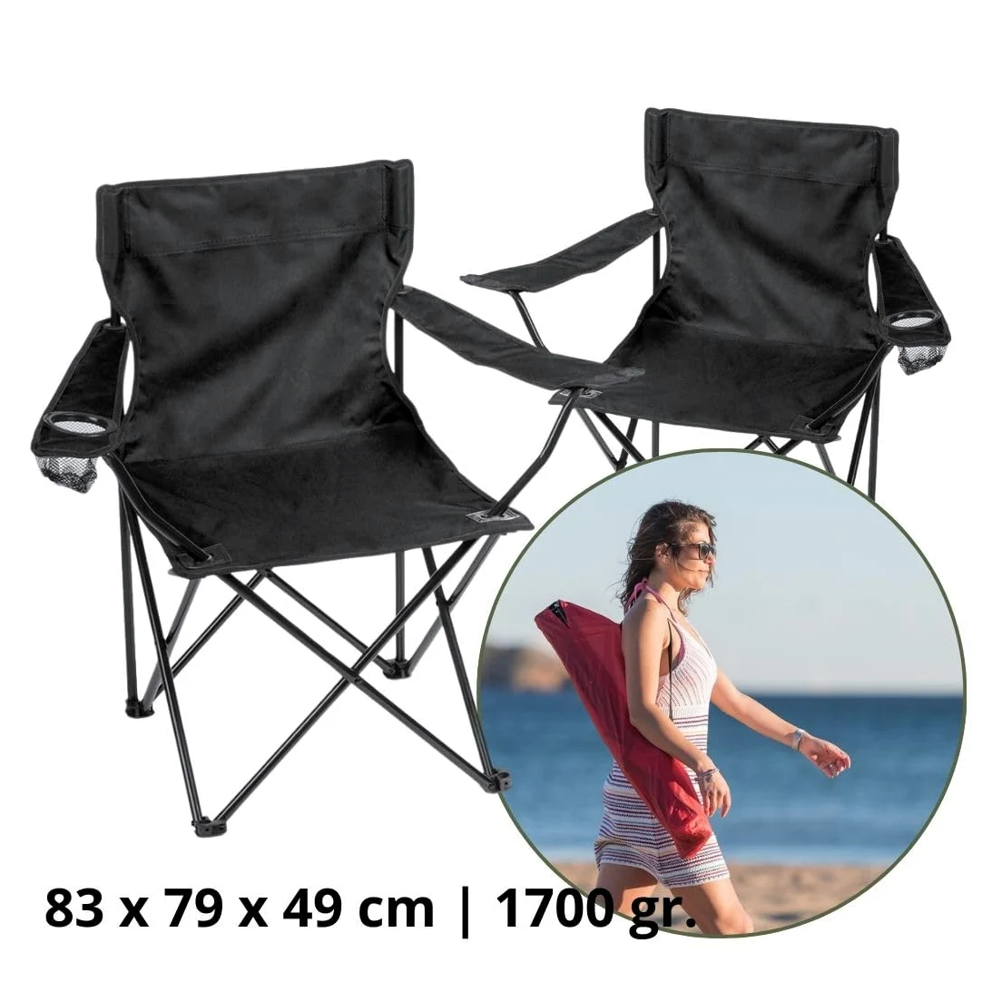 Pack de 2 Sillas y Mesa de Camping Plegables | Sillas Plegables con Porta Bebidas y Mesa Compacta | con Bolsa de Transporte | Set de Mobiliario de Exterior
