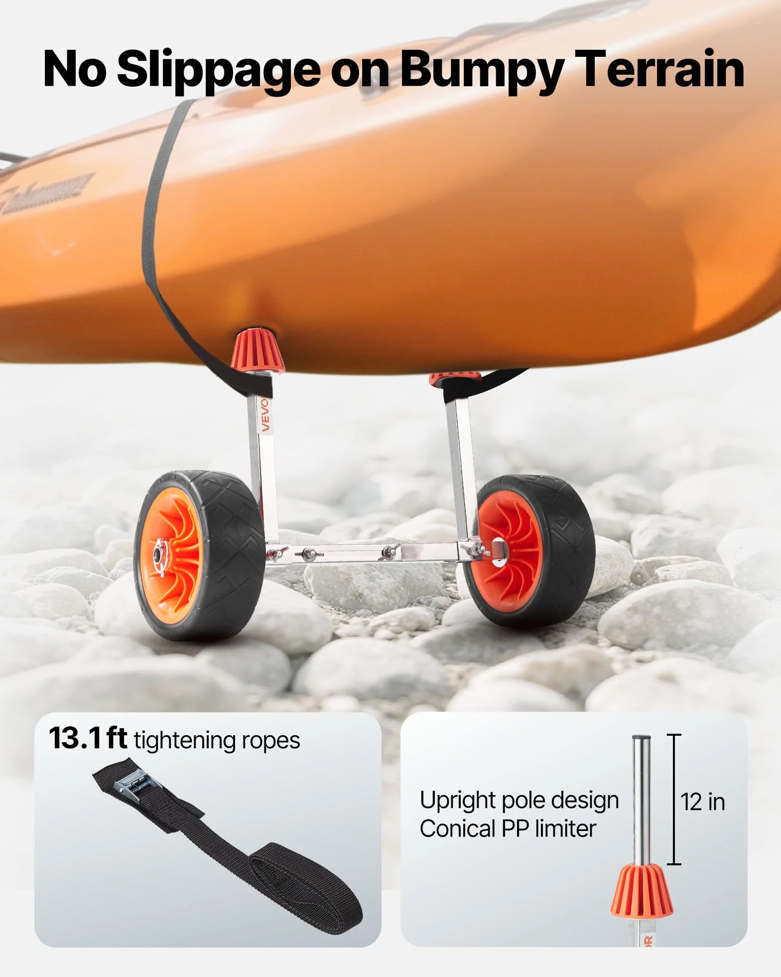 VEVOR Remolque Vertical para Kayak, Remolque de Kayak 560 x 190 x 485 mm con Neumáticos de Goma Maciza de 19,1 cm y Correa de Amarre, Carga de 113,4 kg, Carrito para Tabla de Surf de Remo, Canoas