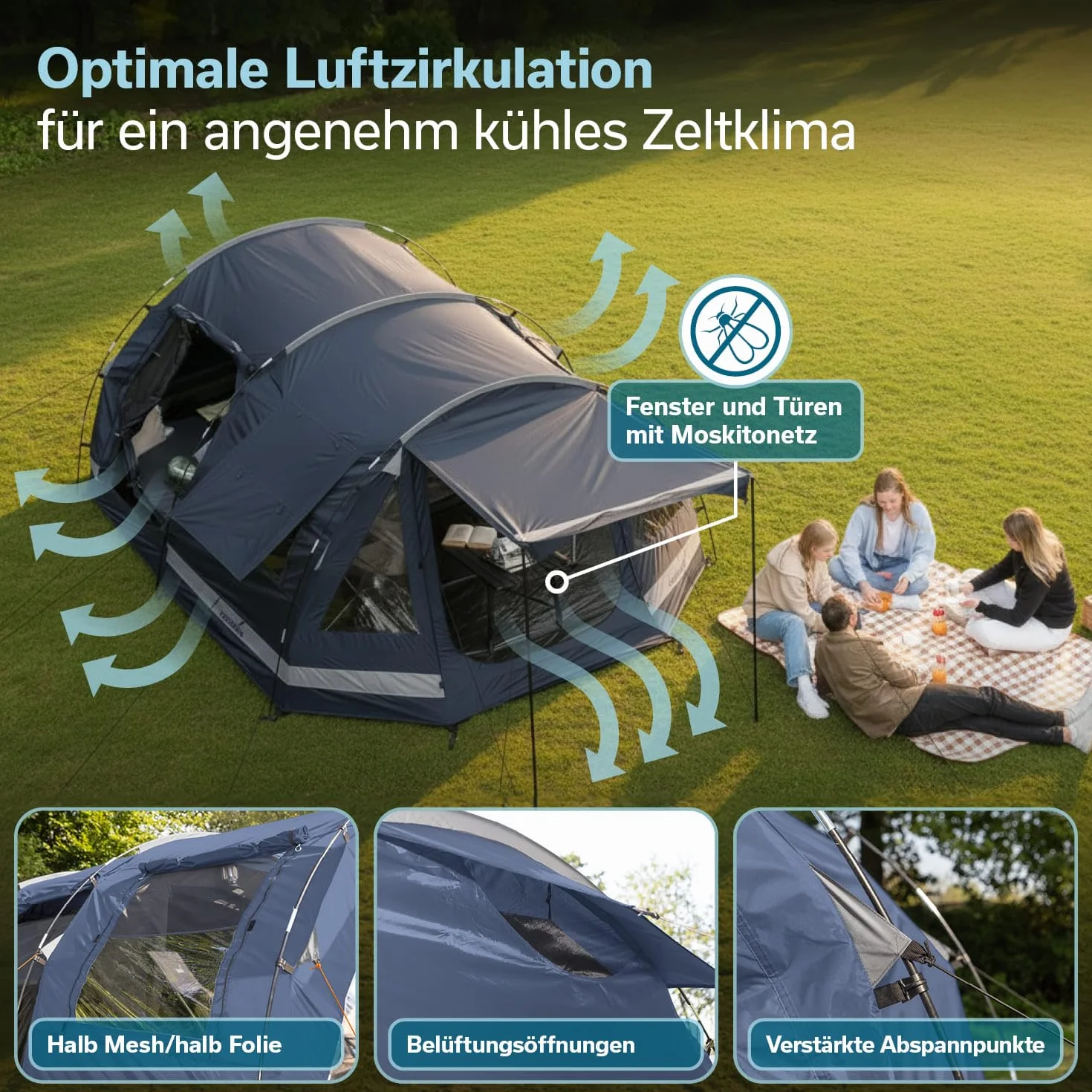 Skandika Tienda de campaña Tipo túnel Kambo Sleeper Protect | para 3/4 Personas - Suelo Cosido - Columna de Agua de 3000 mm - 3 entradas - toldo