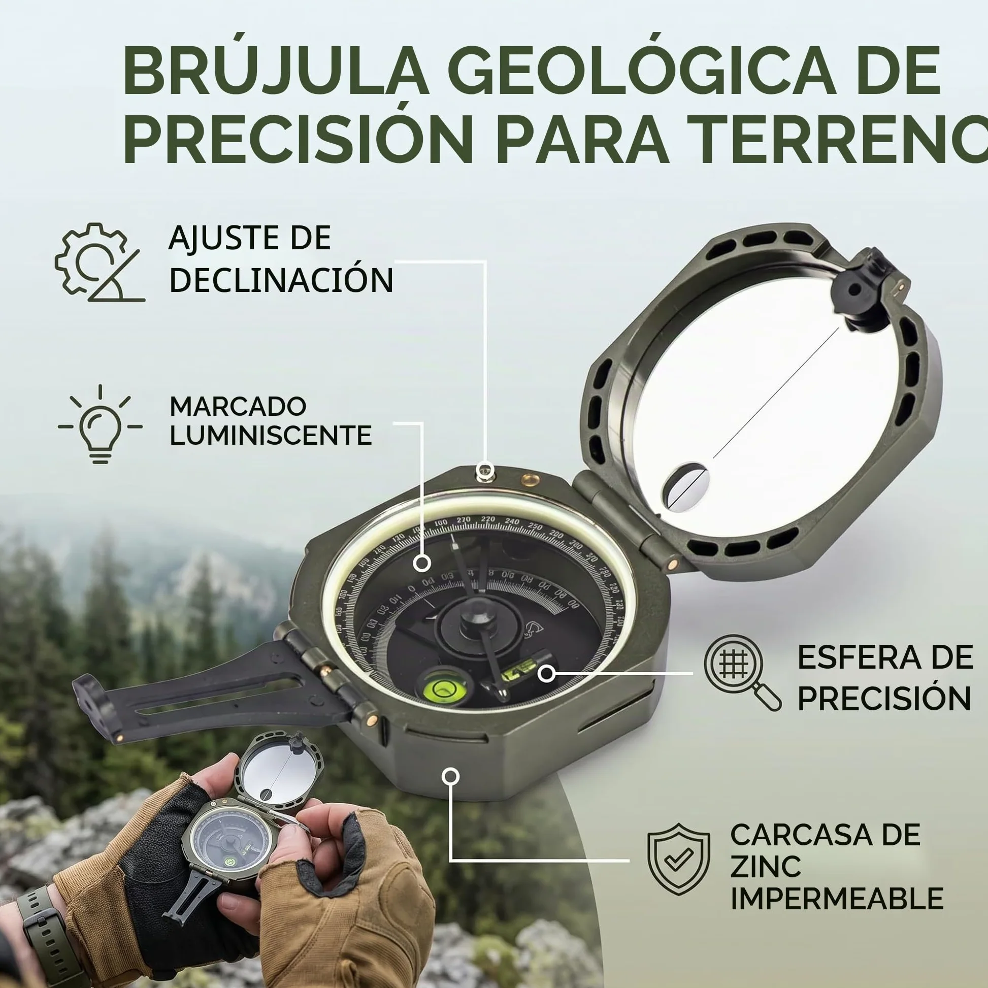 Brújula, geológico de alta precisión Brújula fluorescente impermeable, adecuado para la investigación geológica Orientar