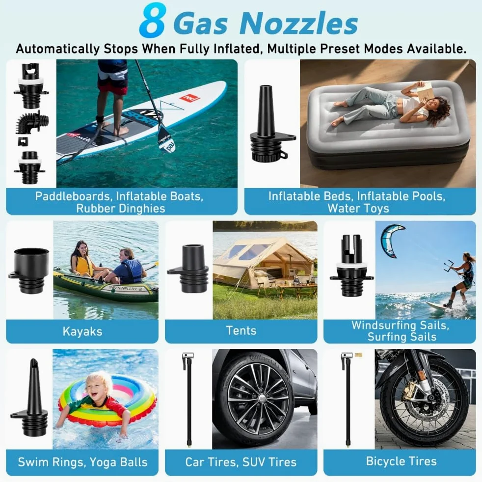 KinZon Bomba de Aire Eléctrica 60 PSI Alta Presión para Sup, Recargable, Compatible con Toma de Coche 12V, Apagado automático, inflado/desinflado, para Paddle, Kayak y neumáticos