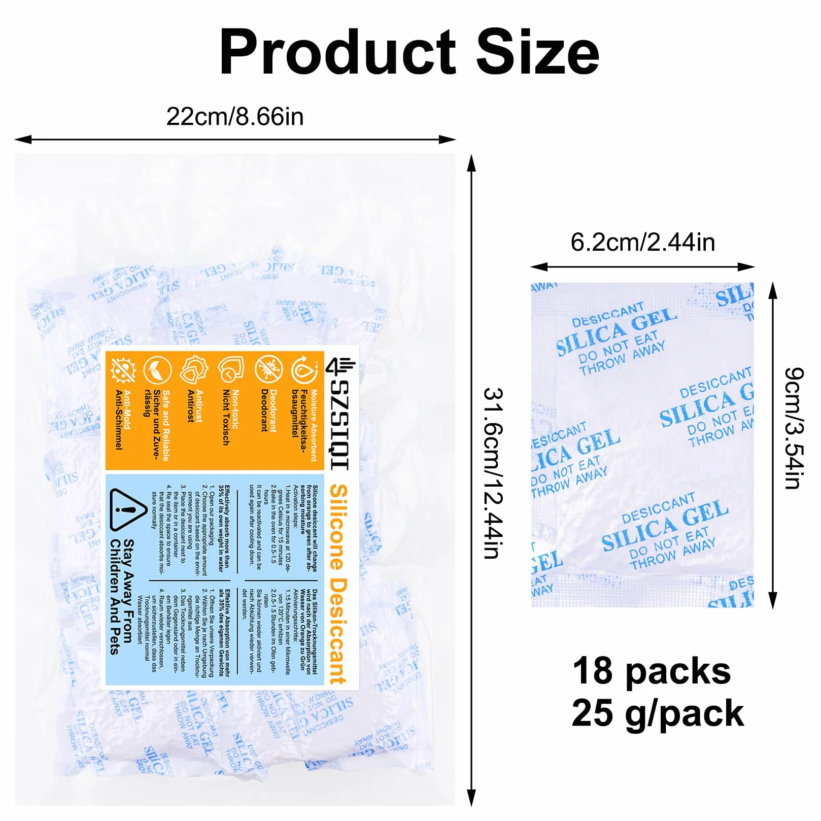 Bolsas de Gel de Sílice 25g, 18 Piezas, Desecantes Absorbentes de Humedad para Ropa Cajones Armarios