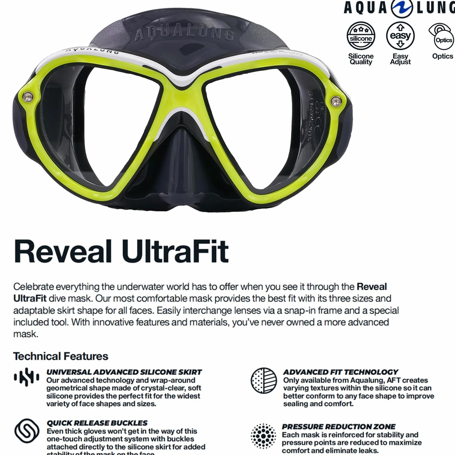 AQUALUNG REVEAL ULTRAFIT - Máscara buceo adultos, visión panorámica de 180°, ajuste facial personalizado, lentes intercambiables, resistente al agua, faldón de silicona, óptima para el submarinismo