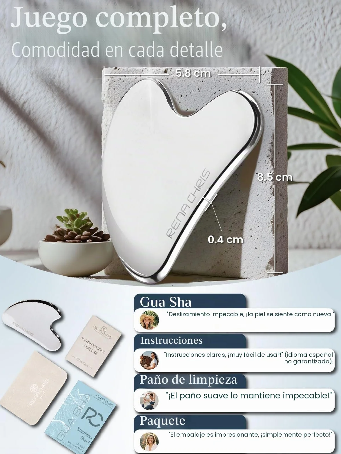 Rena Chris Gua Sha Facial Masajeador de Acero Inoxidable para Esculpir la Mandíbula, Eliminar Bolsas de Ojos, Regalo Cuidado de la Piel (Plata)