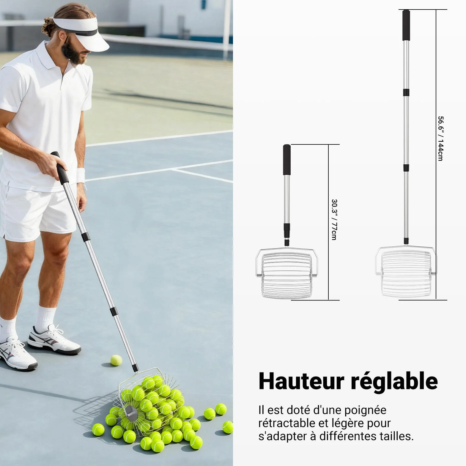 NEEWER Basics TB05S - Recolector de Pelotas de Tenis, no más agacharse, recogedor Ovalado de 80 – 144 cm, recogedor telescópico para hasta 35 Pelotas de Tenis
