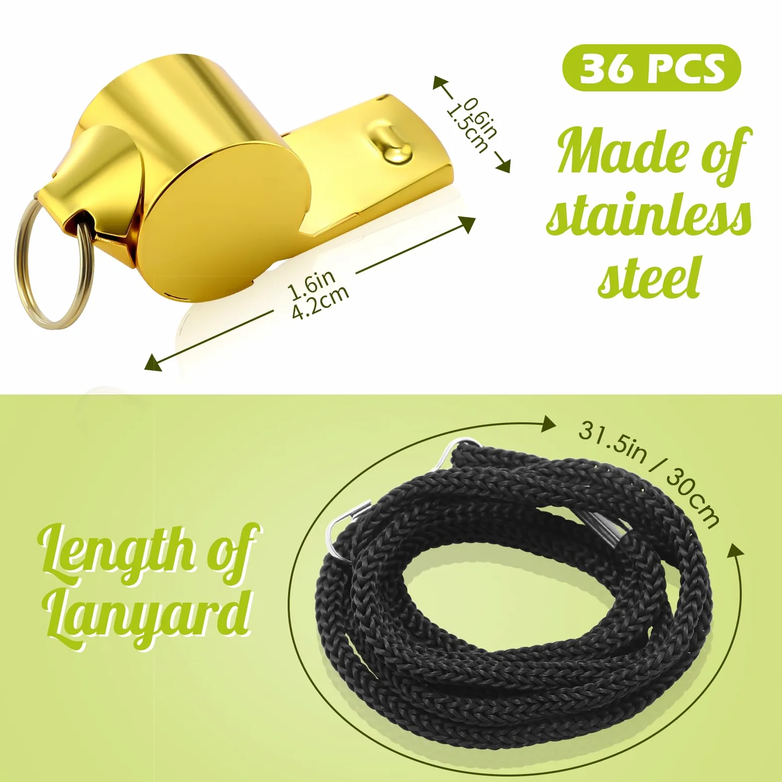 Jenaai Silbato de metal fuerte con cordón, silbato deportivo de acero inoxidable para entrenador, árbitro para adultos, supervivencia, emergencia, silbato dorado para profesores, policía, fútbol