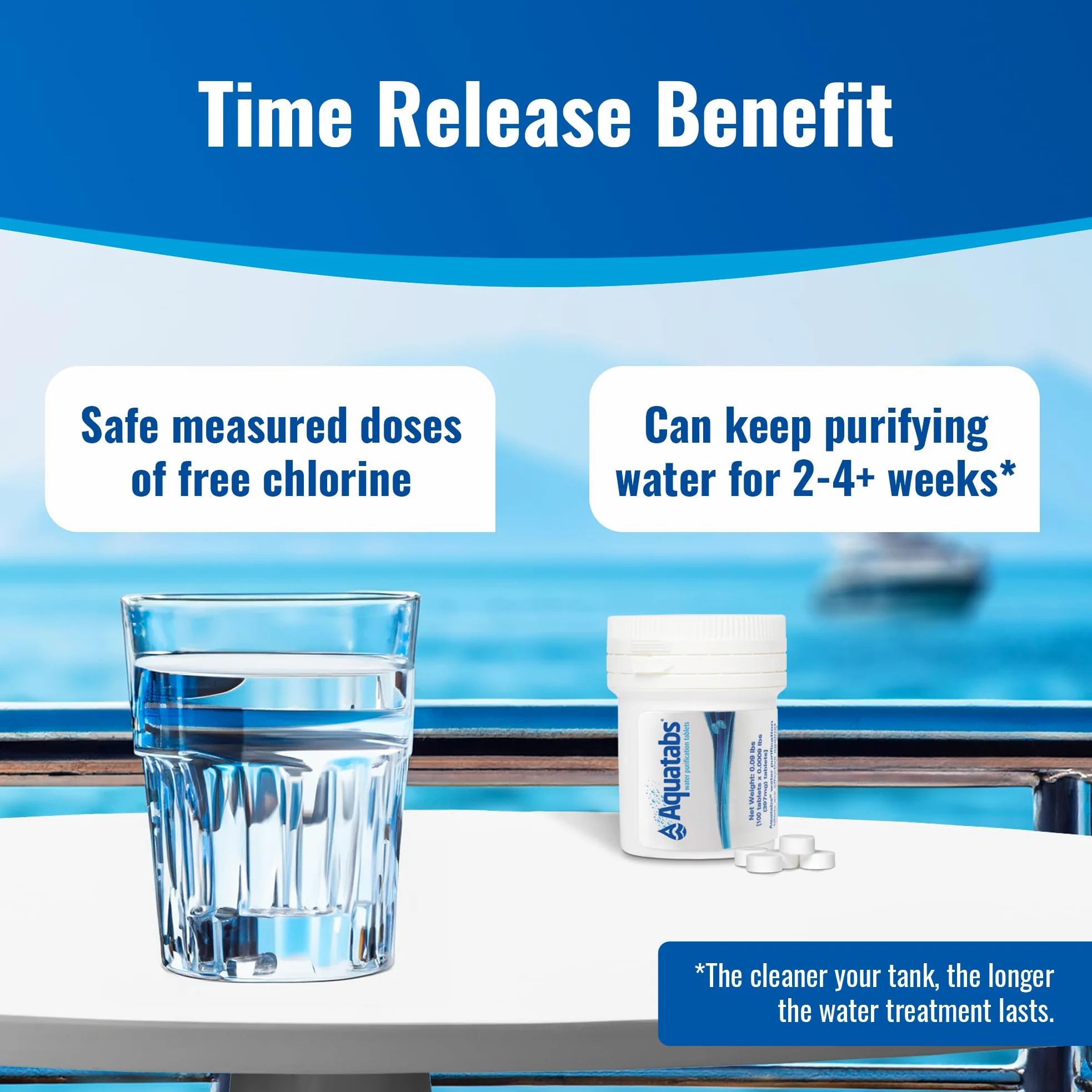 Aquamarine Water Solutions - Kit esencial de agua potable - 100 tabletas de purificación de agua Aquatabs + 50 tiras de prueba de cloro - para tanques de barco y RV
