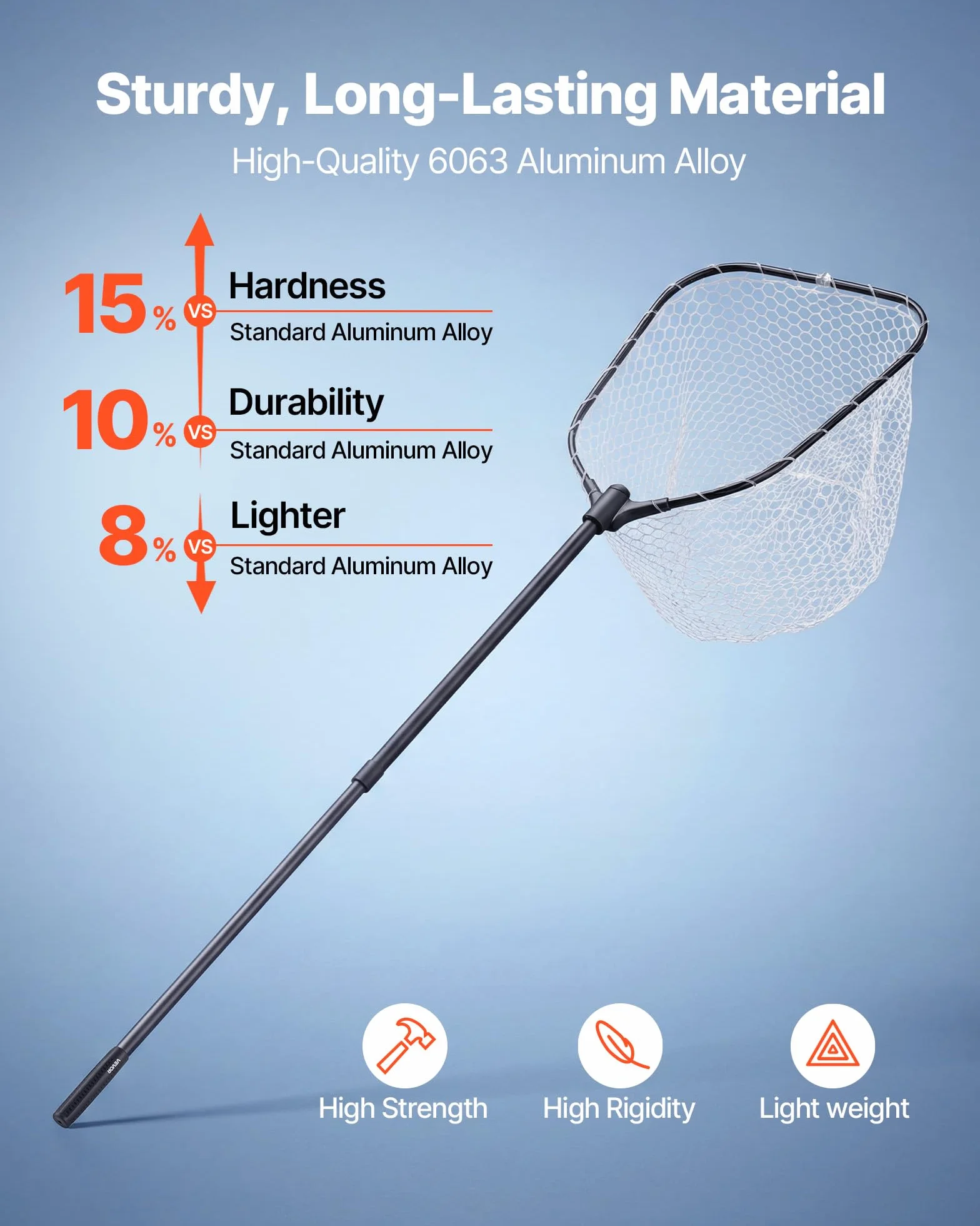 VEVOR Red de Pesca de Aluminio, Red de Aterrizaje de Peces con Malla de Silicona Suave y Mango Telescópico de PE, Ligera y Resistente, Sacadera Soporta hasta 13,6 kg, para Kayak, Barco, Orilla