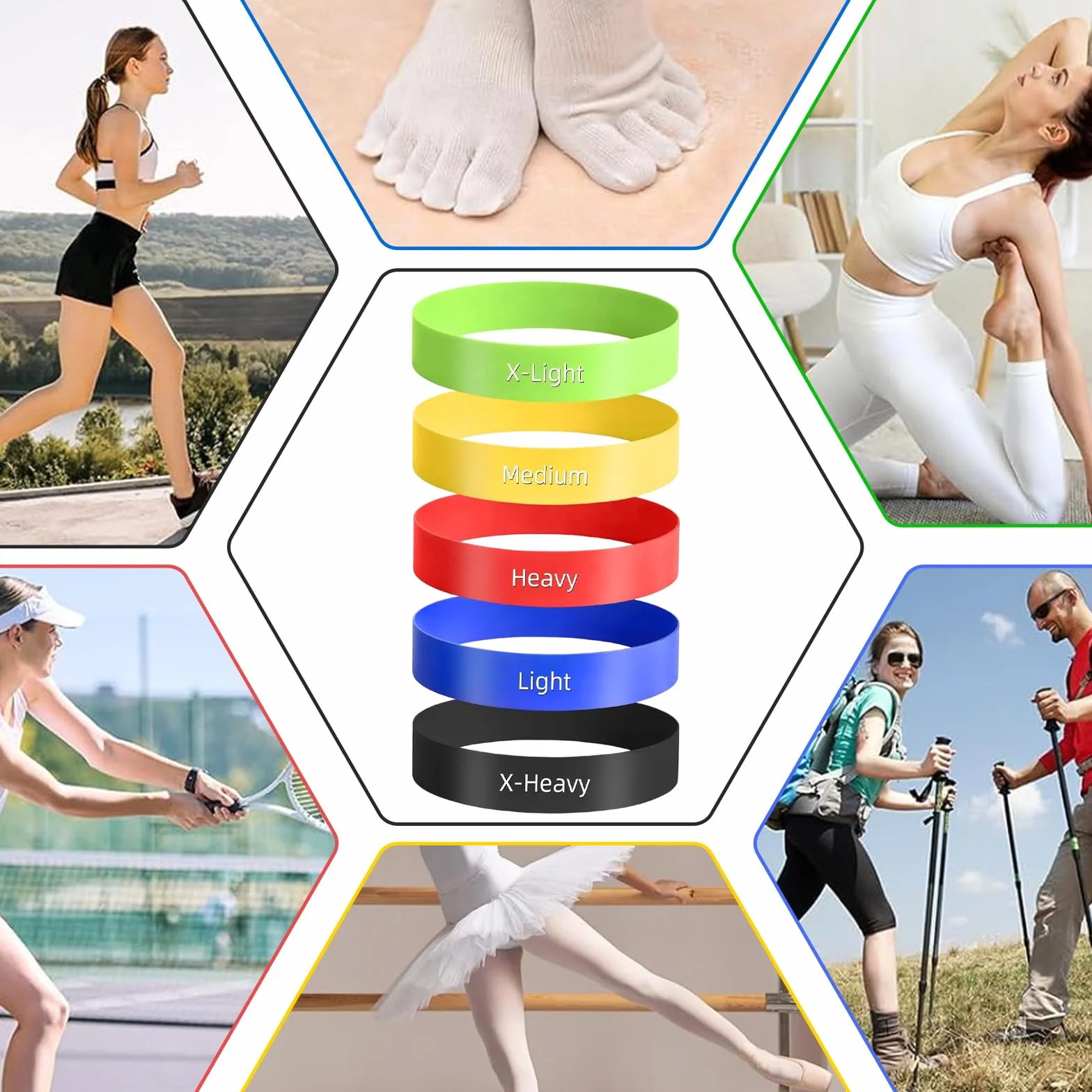 Bandas Elásticas de Látex para Pies, Corregir Juanetes, Estiramiento y Alineación de Dedos, 5 Piezas con Bolsa para Pilates y Yoga