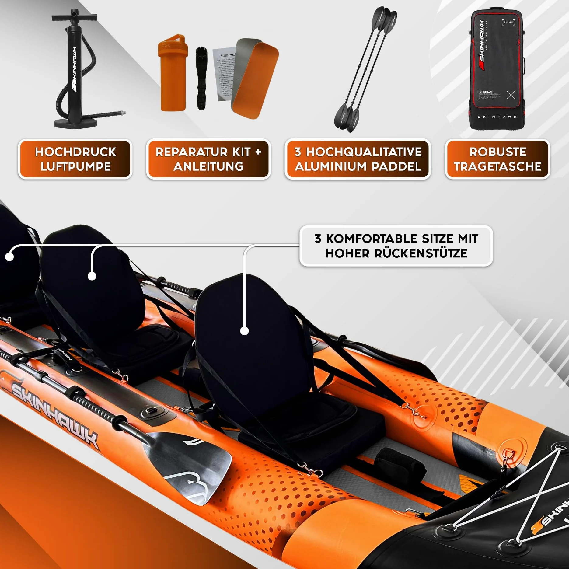 SKINHAWK Exclusiv Orange Kayak Set 480 – Barco inflable – Canoa – 480 x 96 cm – Kayak para 3 personas