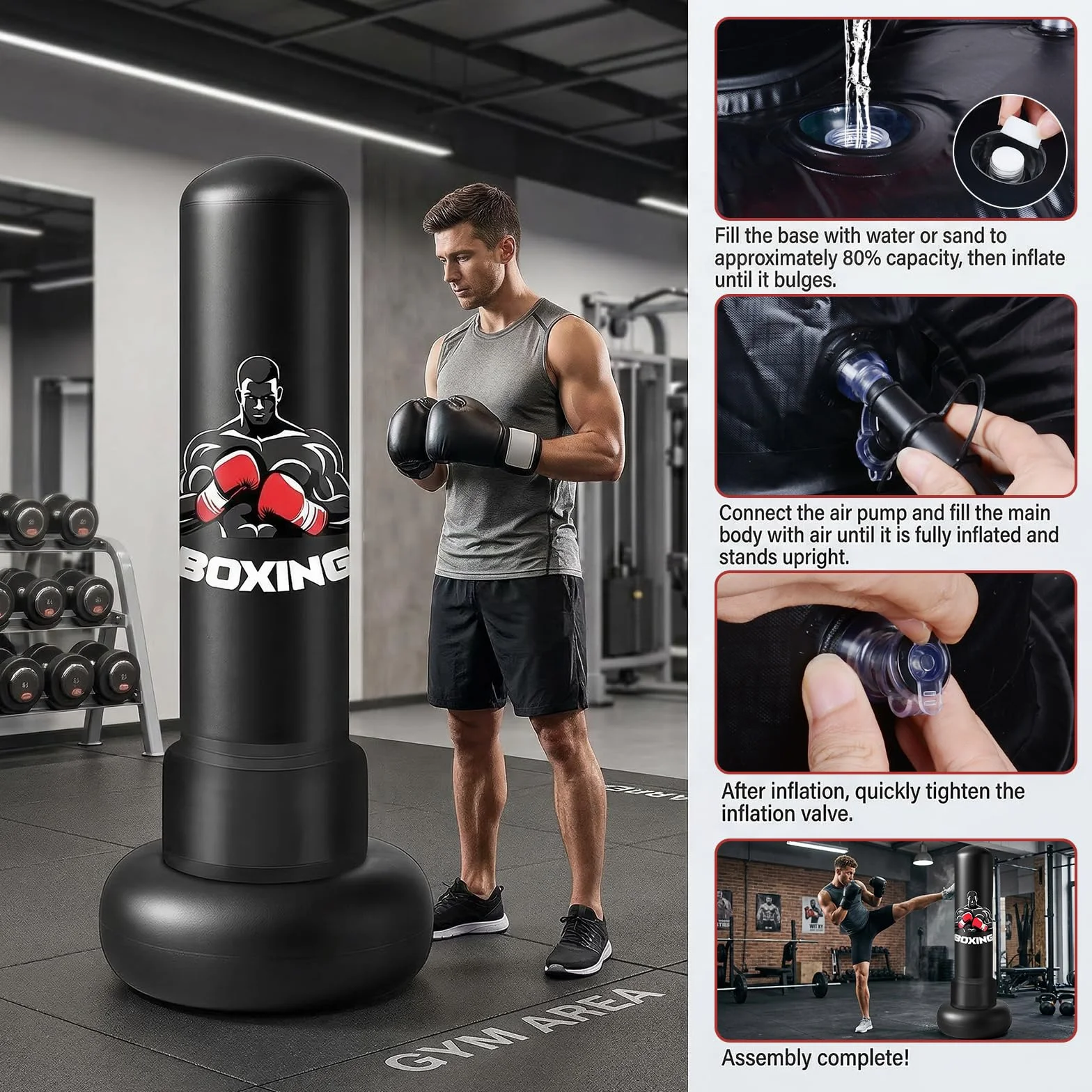 Saco de Boxeo Adulto 180cm Inflable de Pie con Guantes y Bomba Punching Bag de PVC Reforzado para Karate Kickboxing Taekwondo Saco Boxeo Pie para Entrenamiento en Casa