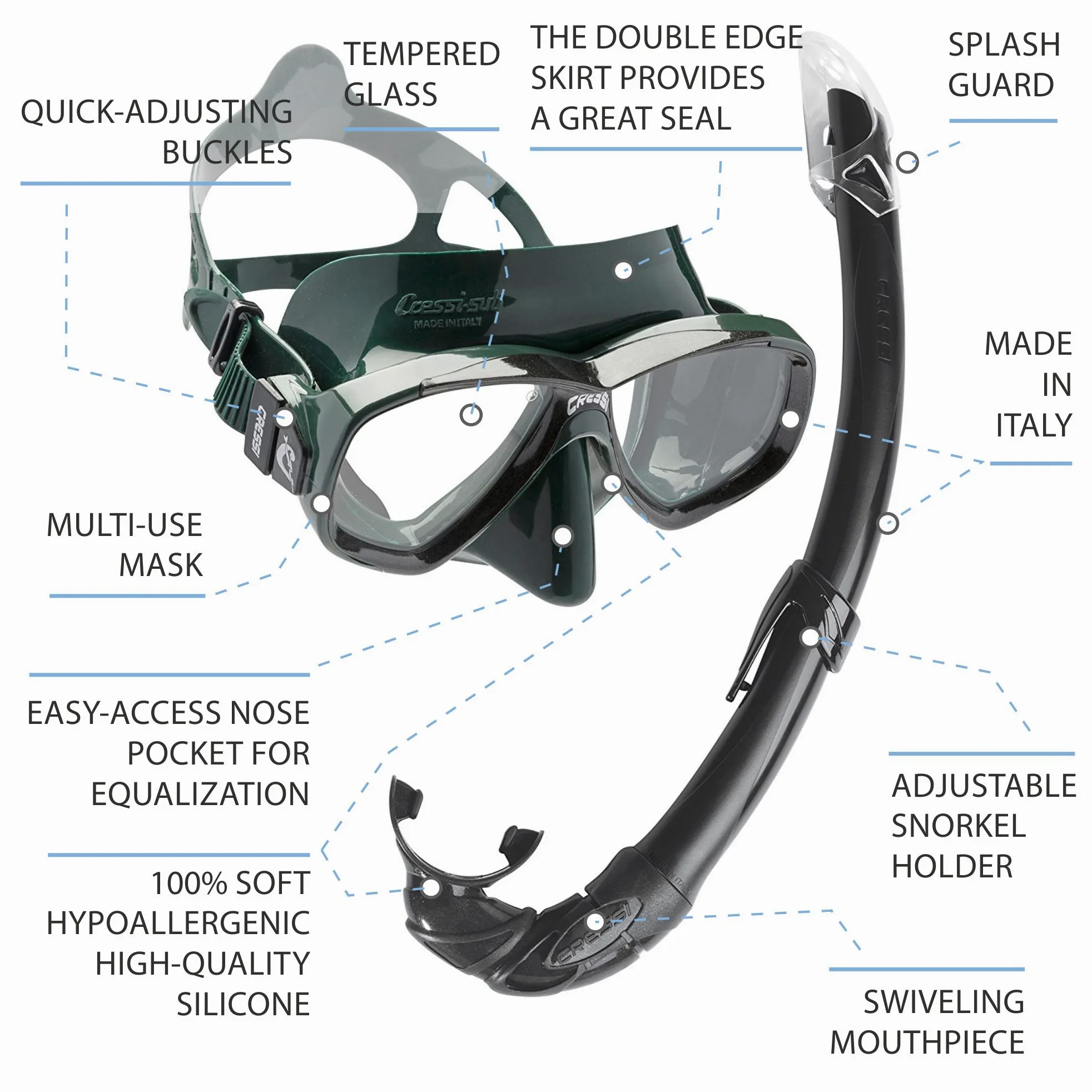 Cressi Combo Set Perla Conjunto Combinado de máscara de Buceo y Snorkel, Mar de Perlas, Unisex-Adulto, Verde/Negro, Talla Única + Palau SAF Aletas, Unisex, Negro/Amarillo, M-L (41-44)