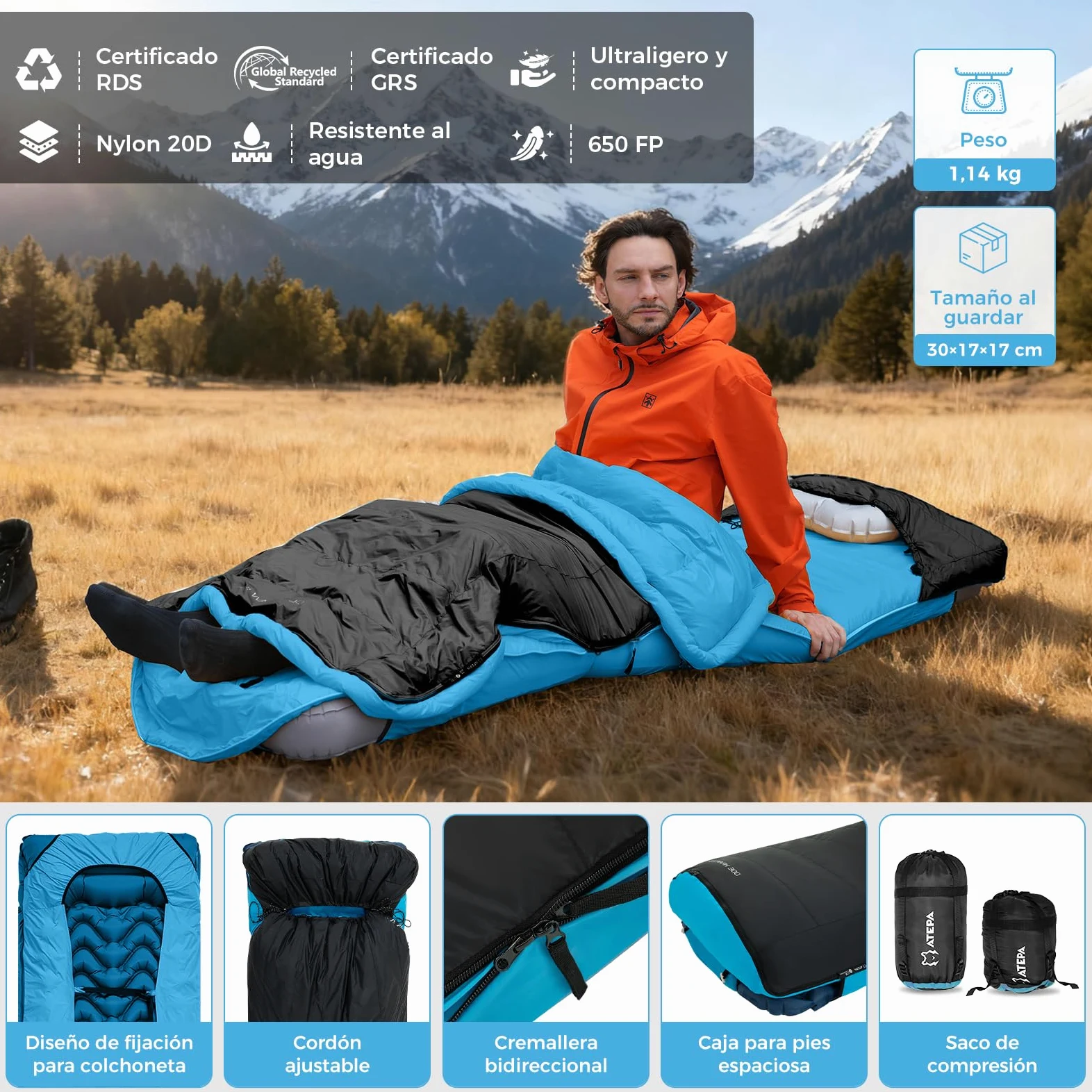 ATEPA Sacos de dormir de plumón, saco de dormir exterior para calor e impermeable, 3 en 1 adecuados para 3 estaciones, ideal para adultos en viajes, camping, se puede combinar con una colchoneta