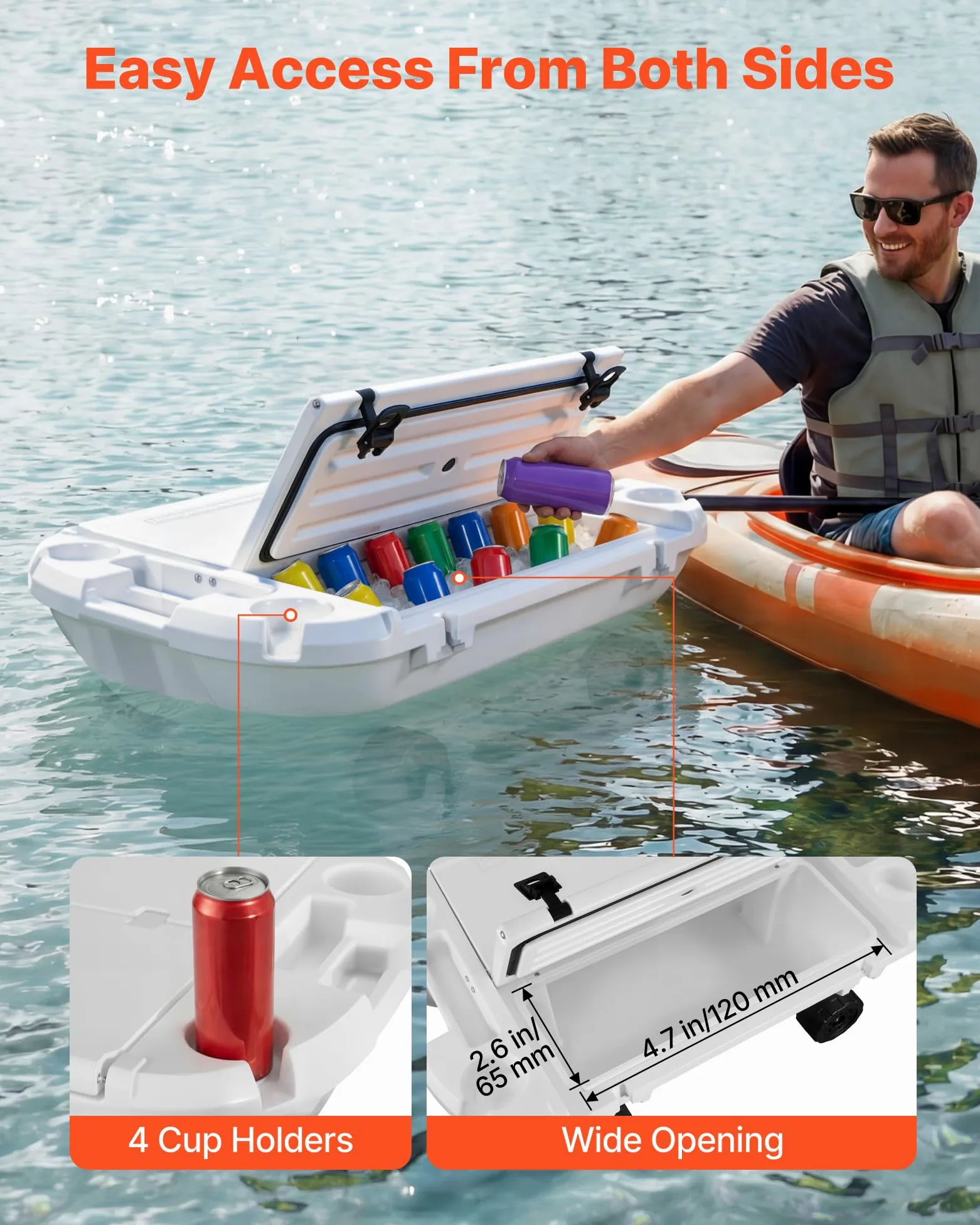 VEVOR Nevera Flotante 37,9 L Enfriador Flotante para Agua y Tierra con Carcasa Rígida Aislada, Ruedas, Portavasos, Cuerda de Remolque, Asas Laterales para Playa Piscina Barco Bebida Hielo Color Blanco