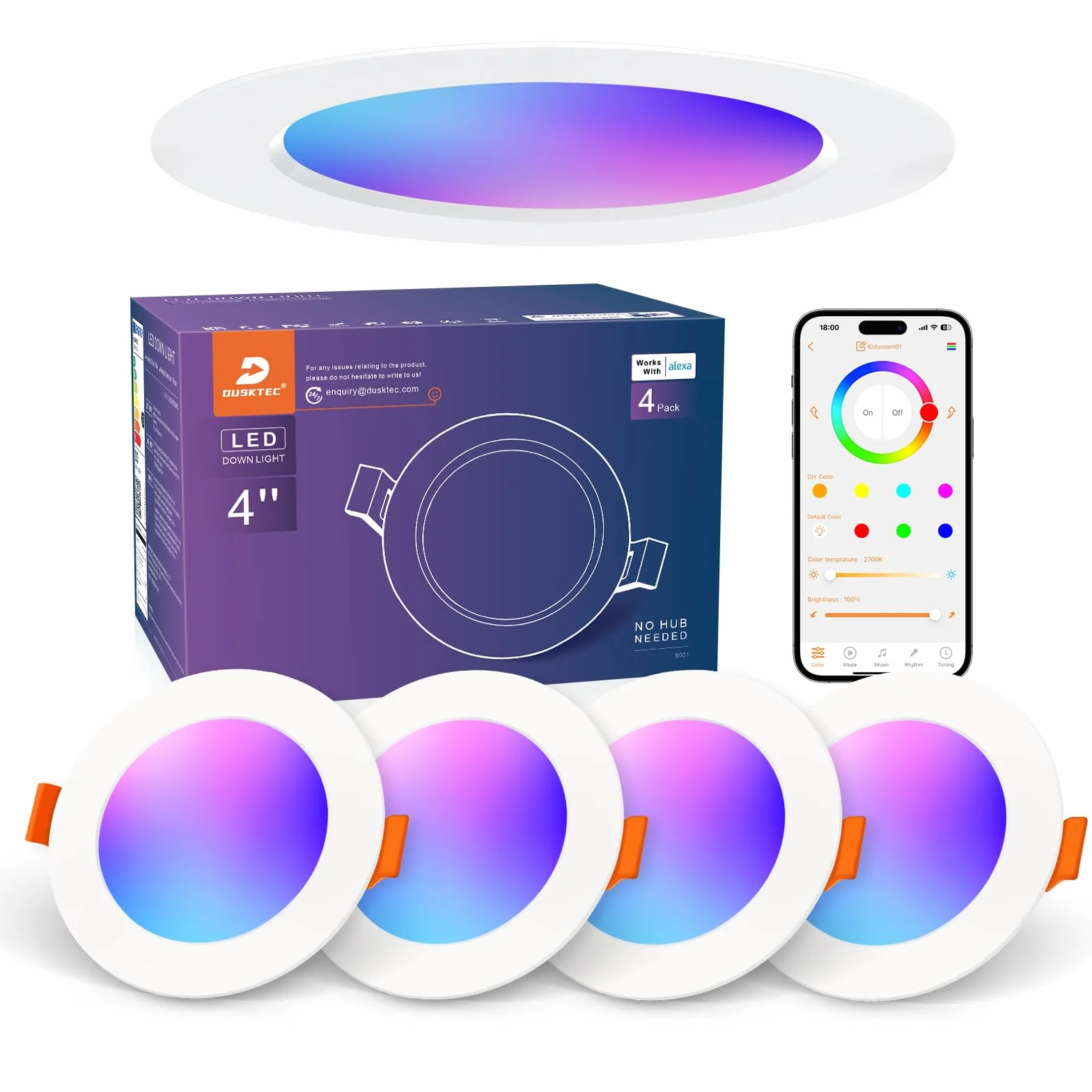 DUSKTEC Downlight LED Techo Empotrable RGB Blanco Frío Cálido 2700K-6000K Regulable Inteligente 10W 1000Lm Compatible Alexa Echo Pack 4