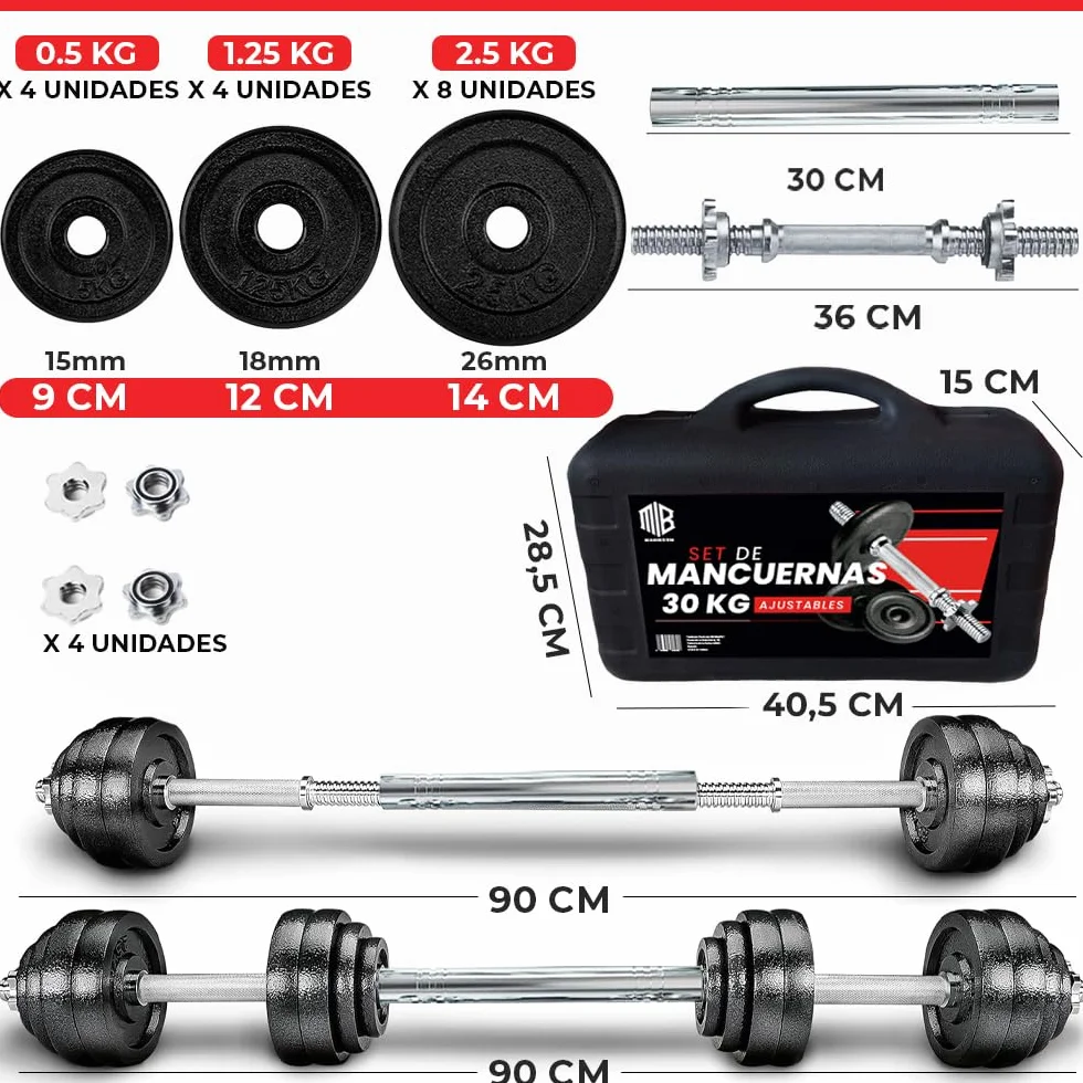 ManiBoom Mancuernas Ajustables HIERRO PURO (No Plástico) - Kit Pesas 3 en 1 con Barra Extensora - Maletín Rígido de Musculación y Fitness en Casa - Discos Macizos y Seguros (15kg - 55kg)