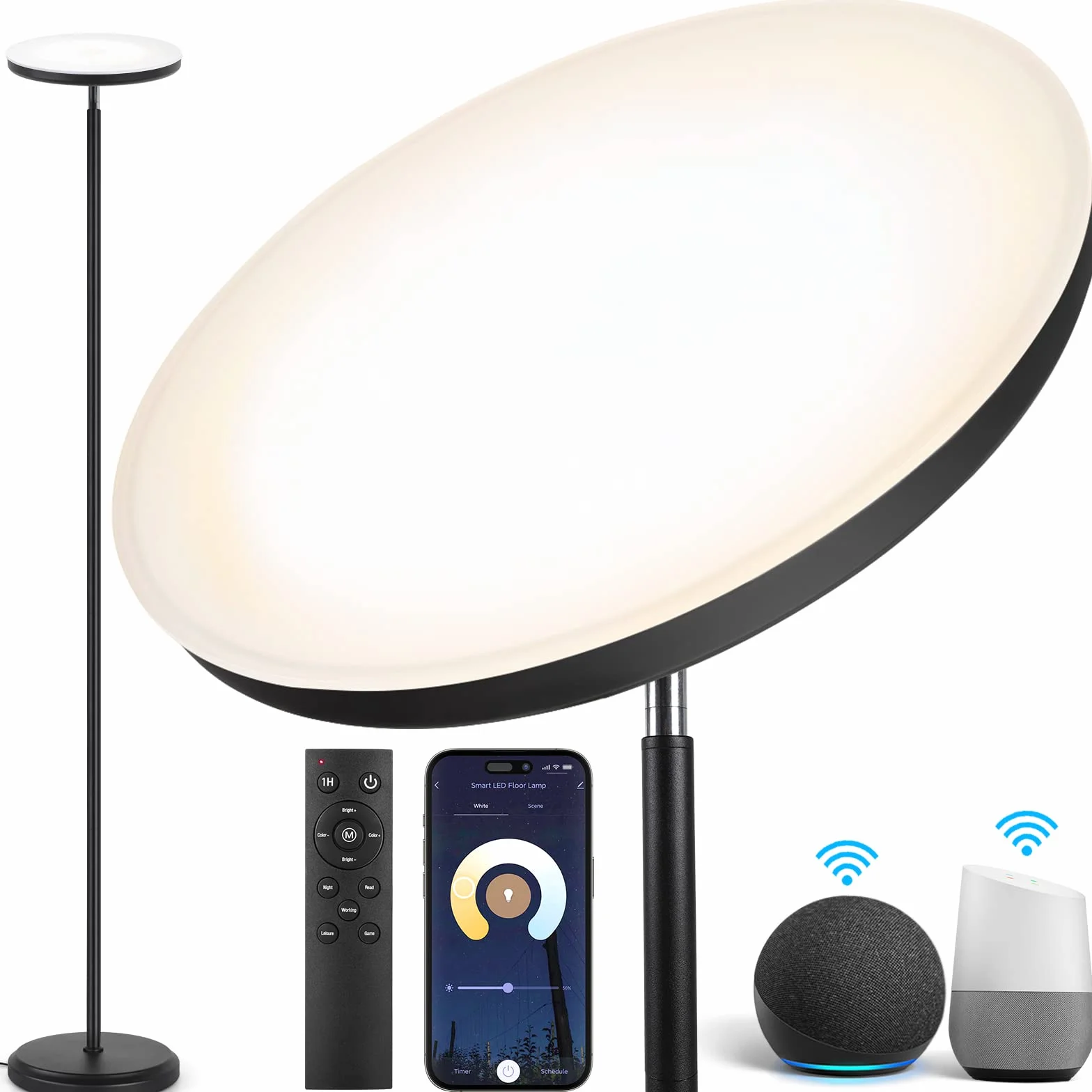 OUTON Lámpara de Pie LED 30W 180CM Alexa Google Assistant Regulable Negro