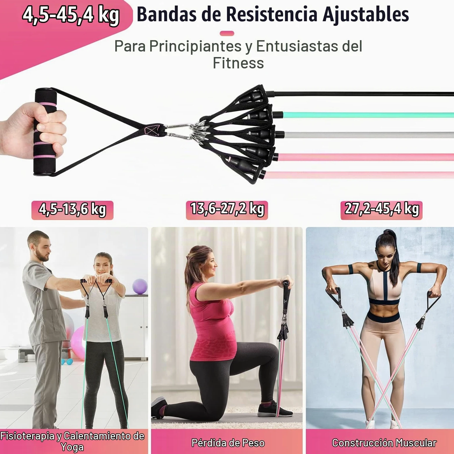 Cintas Elasticas Musculacion, 5 Resistance Bands, Gomas Elasticas Musculacion con Manijas Grandea, Tobillo, Póster de Entrenamiento, Bands