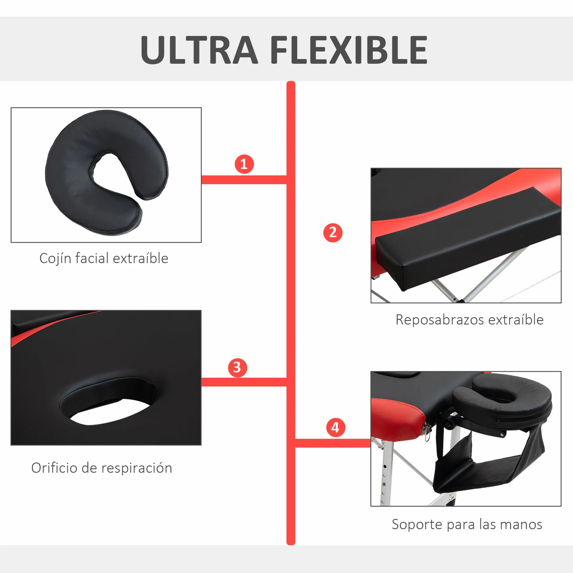 HOMCOM Camilla Masaje Plegable Aluminio Altura Ajustable 3 Zonas Tatuaje Fisioterapia Negro Rojo