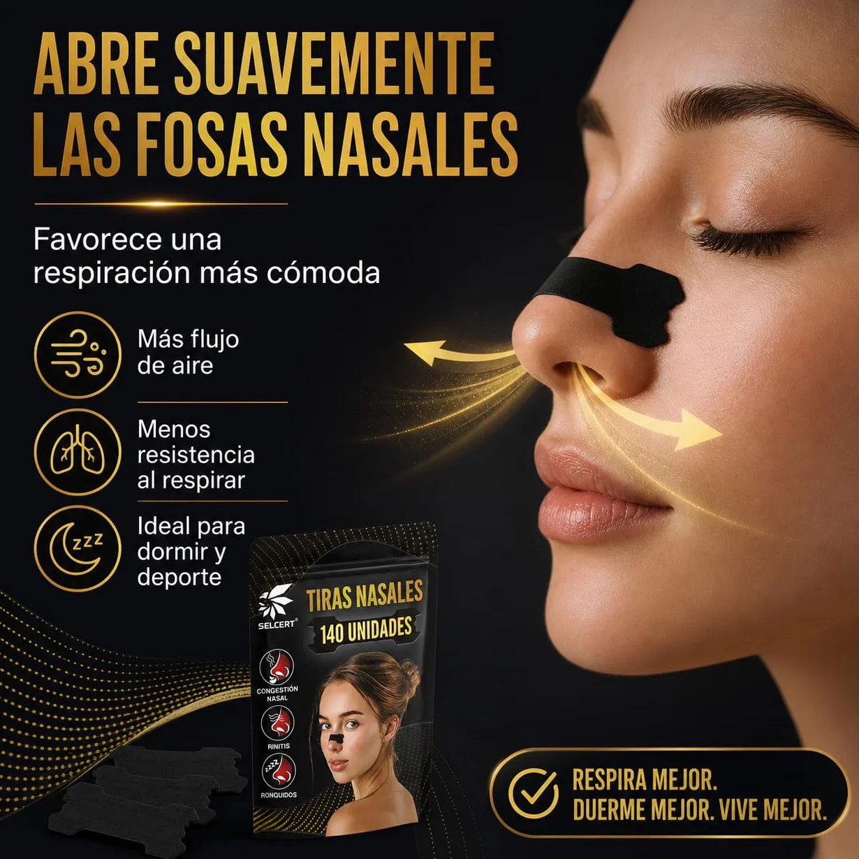 Tiras Nasales Antirronquidos x140 Dilatador Nasal Negro para Dormir Deporte Congestión Nasal