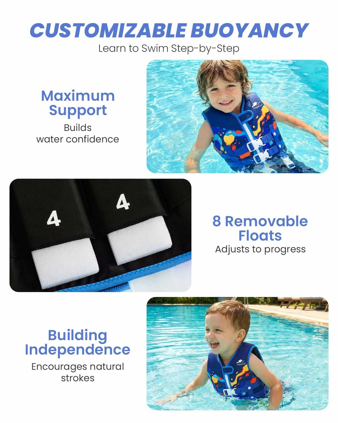 Gogokids Chaleco de Natación para Niños Chaleco Flotador para 1-9 Años Niños Niñas, Chaleco de Piscina con Tirantes Dobles Ajustables, Chaleco de Natación de Flotabilidad Fuerte para Aprender a Nadar