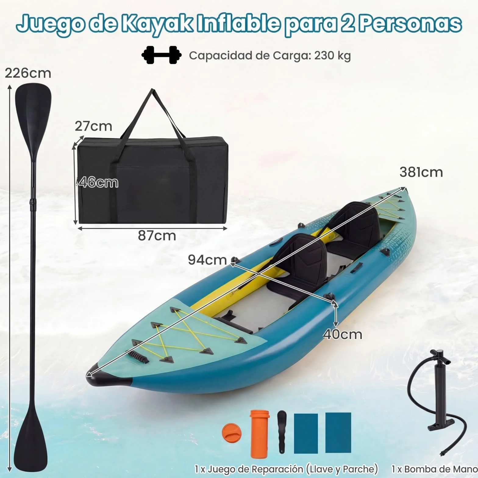 COSTWAY Kayak Hinchable 2 Plazas 381 cm Portátil 230 kg