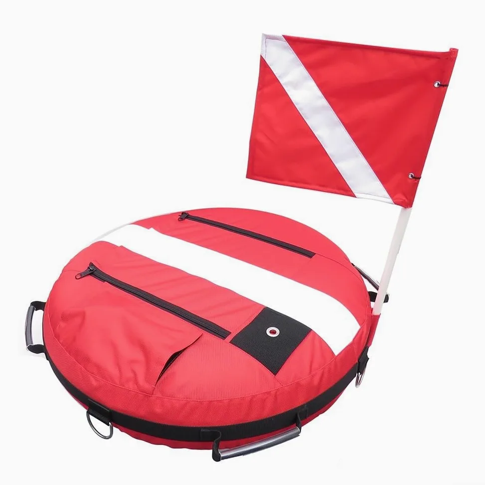 Boya de seguridad inflable para buceo libre y buceo con nailon recubierto, válvula de alivio de sobrepresión y cinco anillos de fijación de acero inoxidable (rojo)