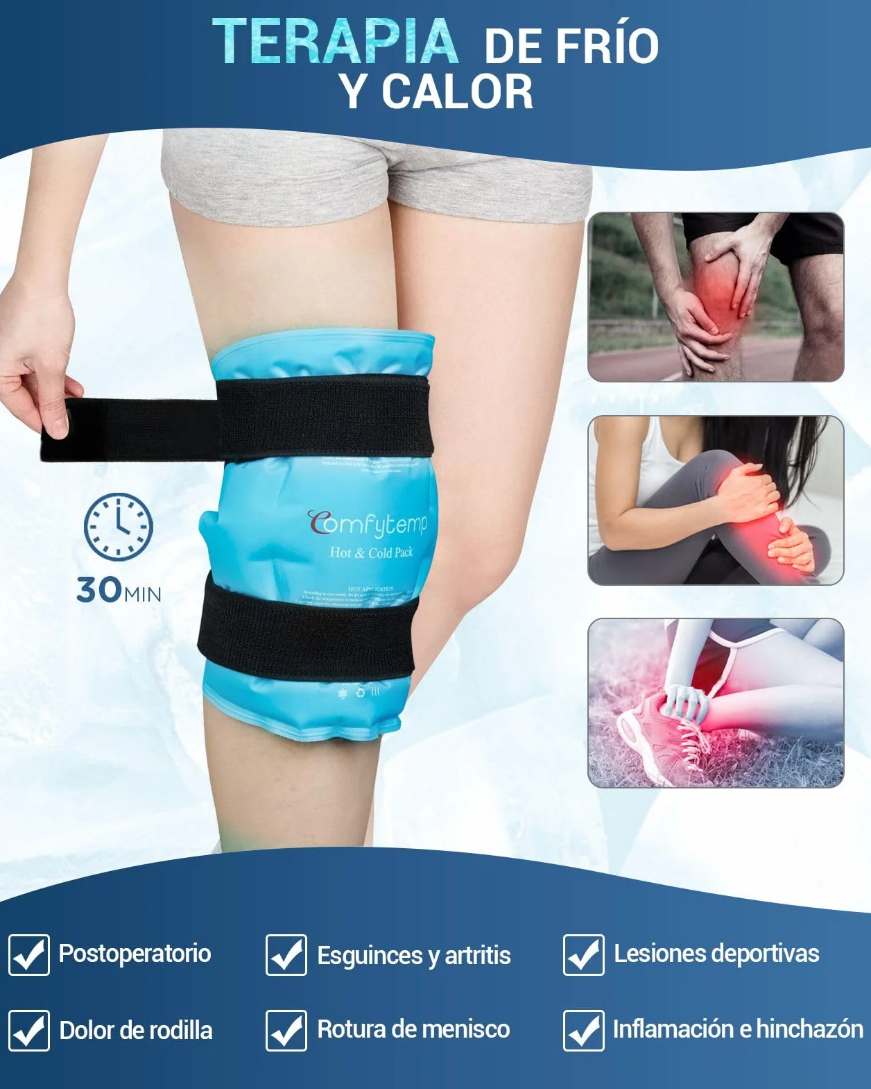 Comfytemp Bolsa de Hielo para Rodilla, Terapia Frío Caliente Reutilizable, Gel para Lesiones, Hinchazón, Esguinces