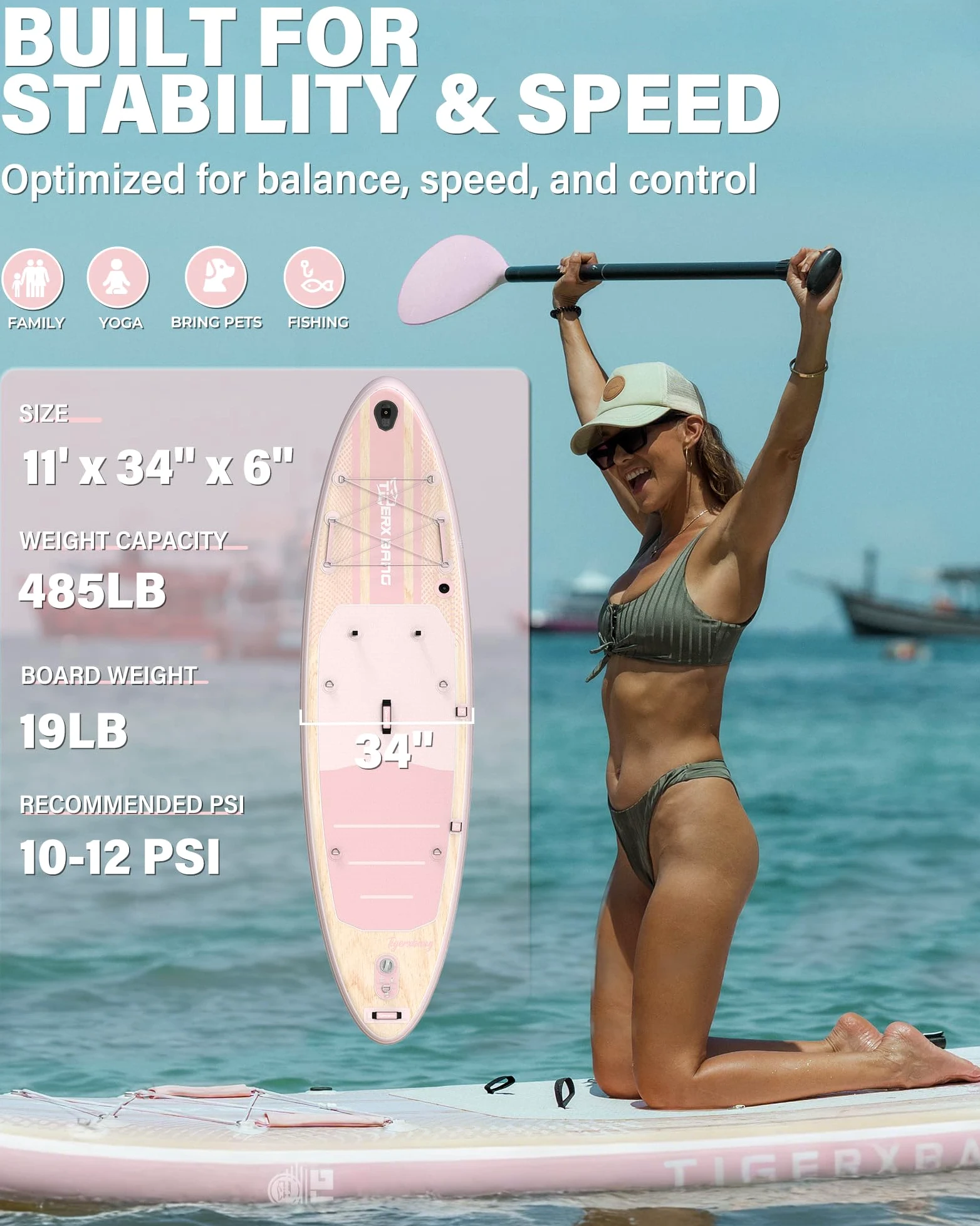 TIGERXBANG Tabla Paddle Surf Hinchable, Stand Up Paddle Board para Adultos/niños, Kit Completo de Surf ISUP, Rosa/Verde