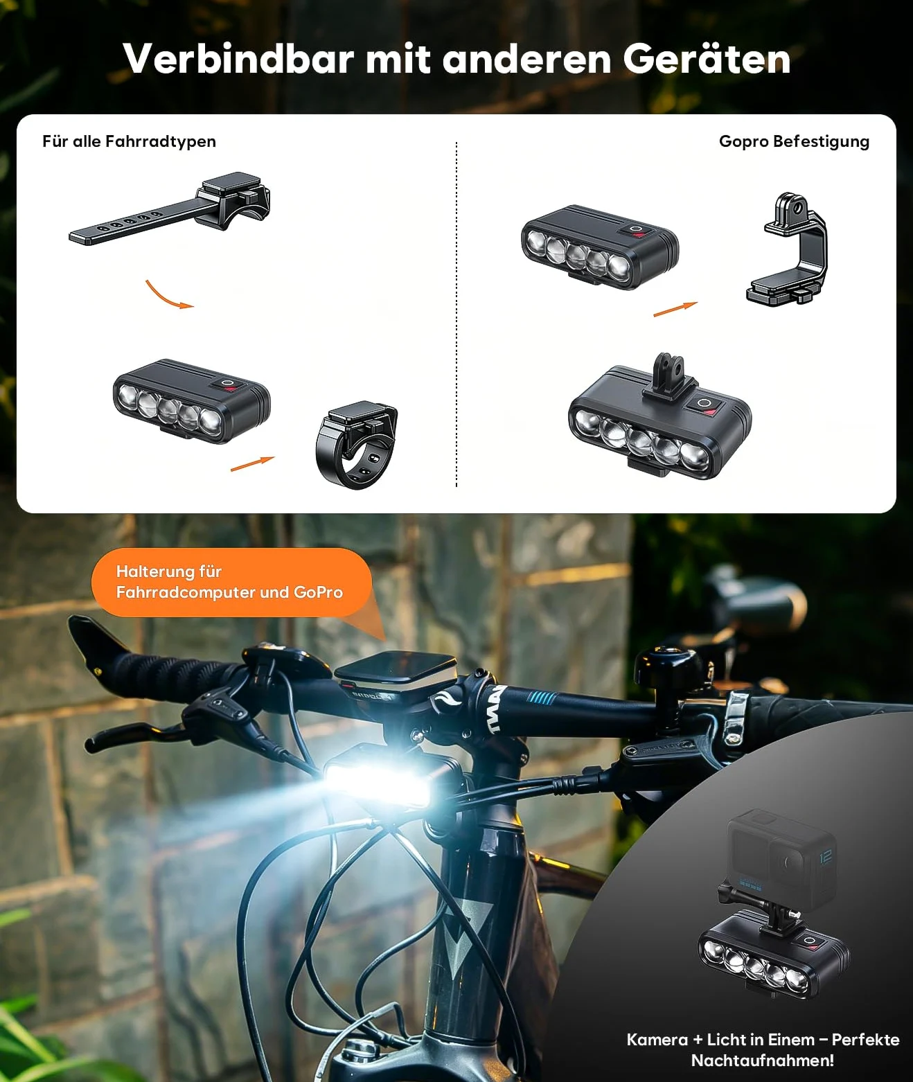 Juego de luces para bicicleta con soporte para GoPro/ordenador de bicicleta, homologación StVZO, USB-C, recargable, antirreflejos, 3 LED faros y luz trasera con luz de freno, IP65 resistente al agua