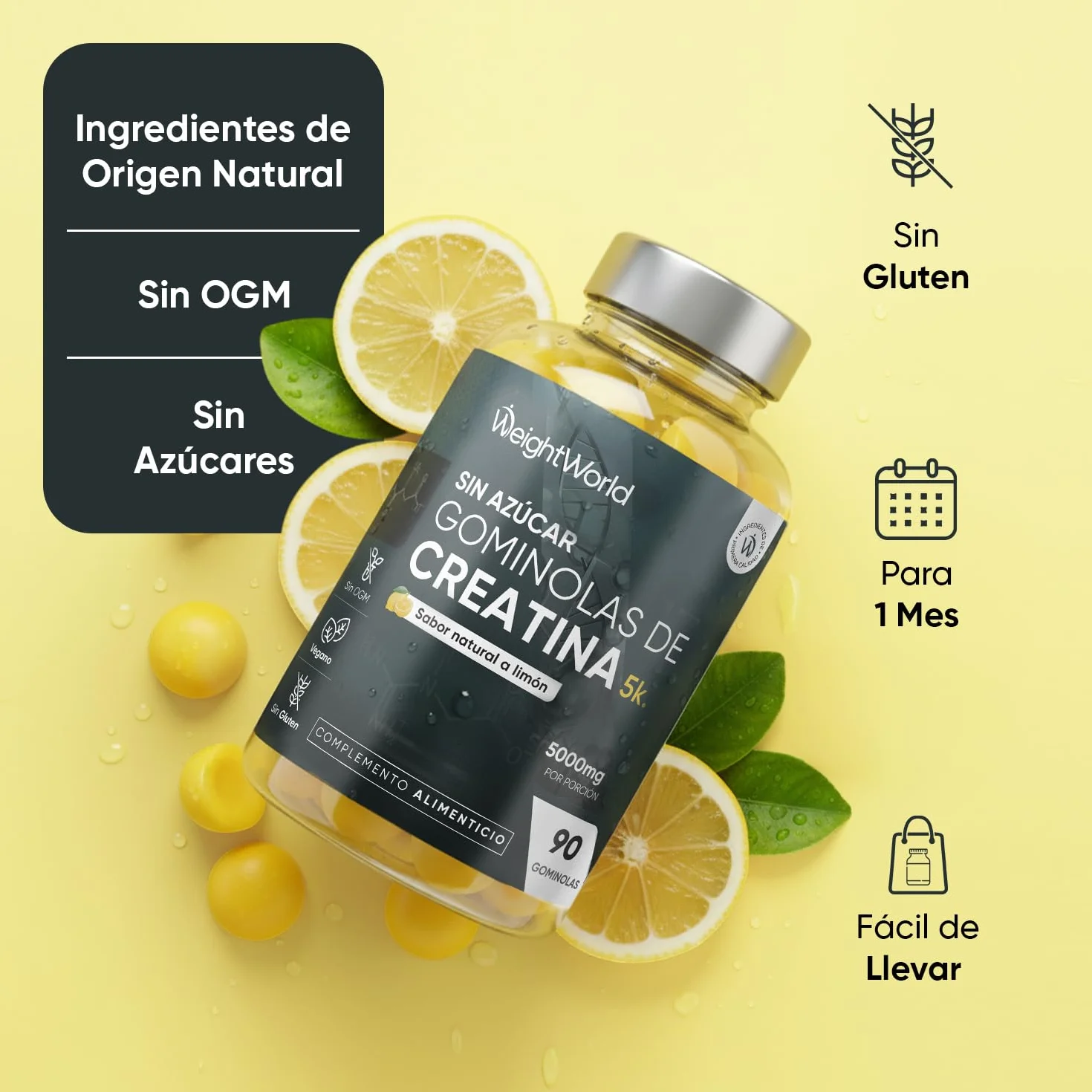Gominolas de Creatina Monohidratada 5000mg - Gomitas Pre Entreno Sabor Limón - Suplemento para el Gym Sin Azúcar