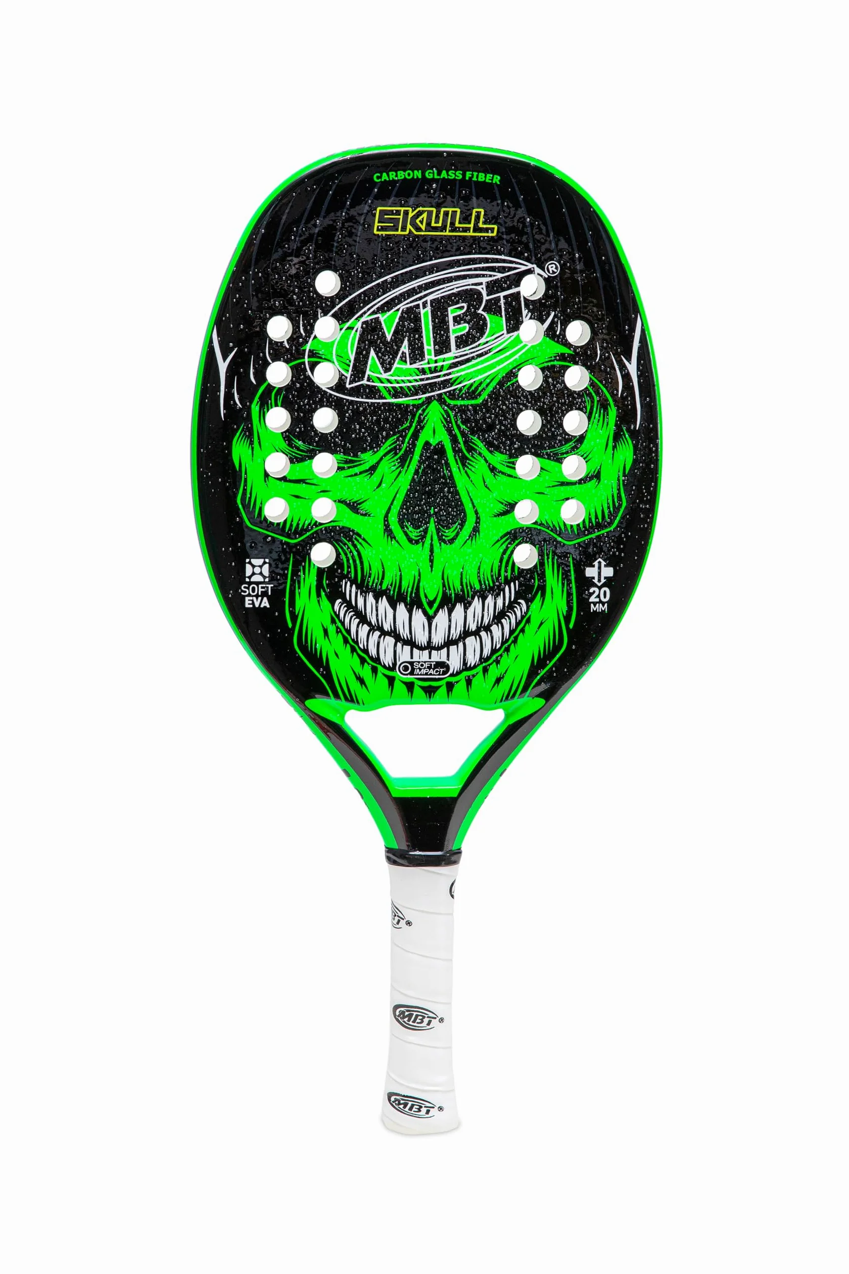 MBT SHOT SKULL, Raqueta de tenis de playa, fibra de vidrio, superficie rugosa, EVA Soft, ligera y equilibrada, perfil de 20 mm, funda incluida