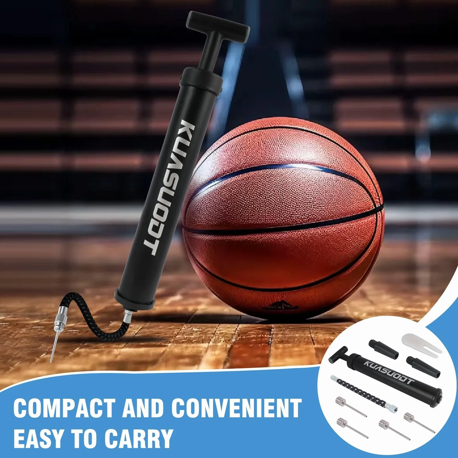 Bomba infladora de Bolas,Agujas para Bomba de Fútbol, Bomba de Pelota Portátil con 4 Agujas, Boquilla, Manguera de Extensión y Bolsa,para fútbol, Rugby, Voleibol, Baloncesto, Balonmano, Globo