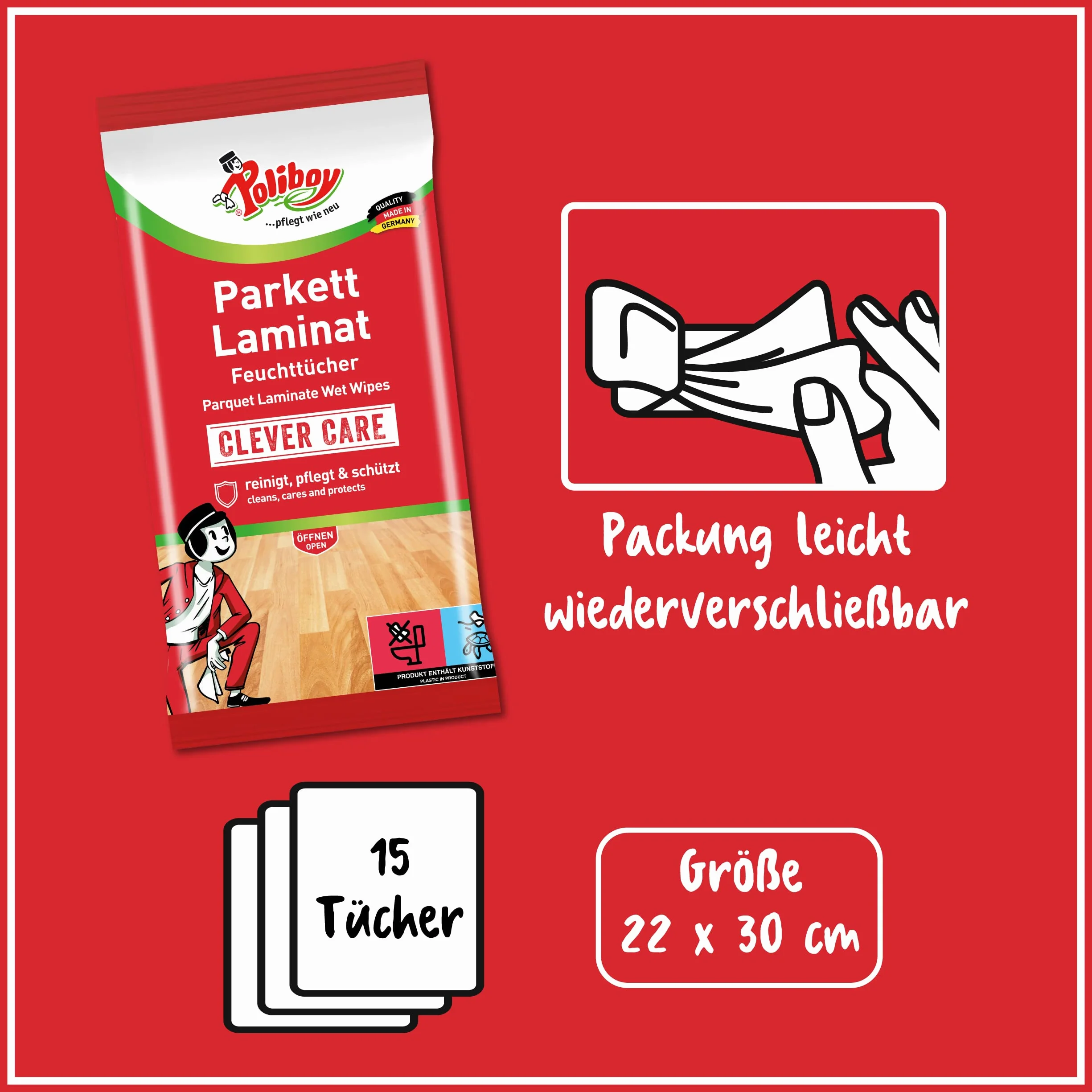 Poliboy Toallitas húmedas para parqué y laminado 1 x 15 paños Fabricado en Alemania
