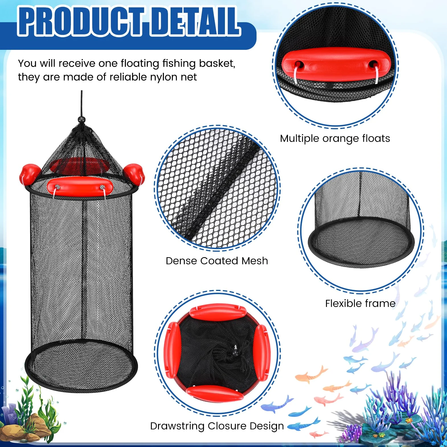 Cesta de pesca flotante plegable grande para peces, cesta de pesca flotante, cubo de red para almacenamiento de cebo, jaula para mantener camarones de pececillos