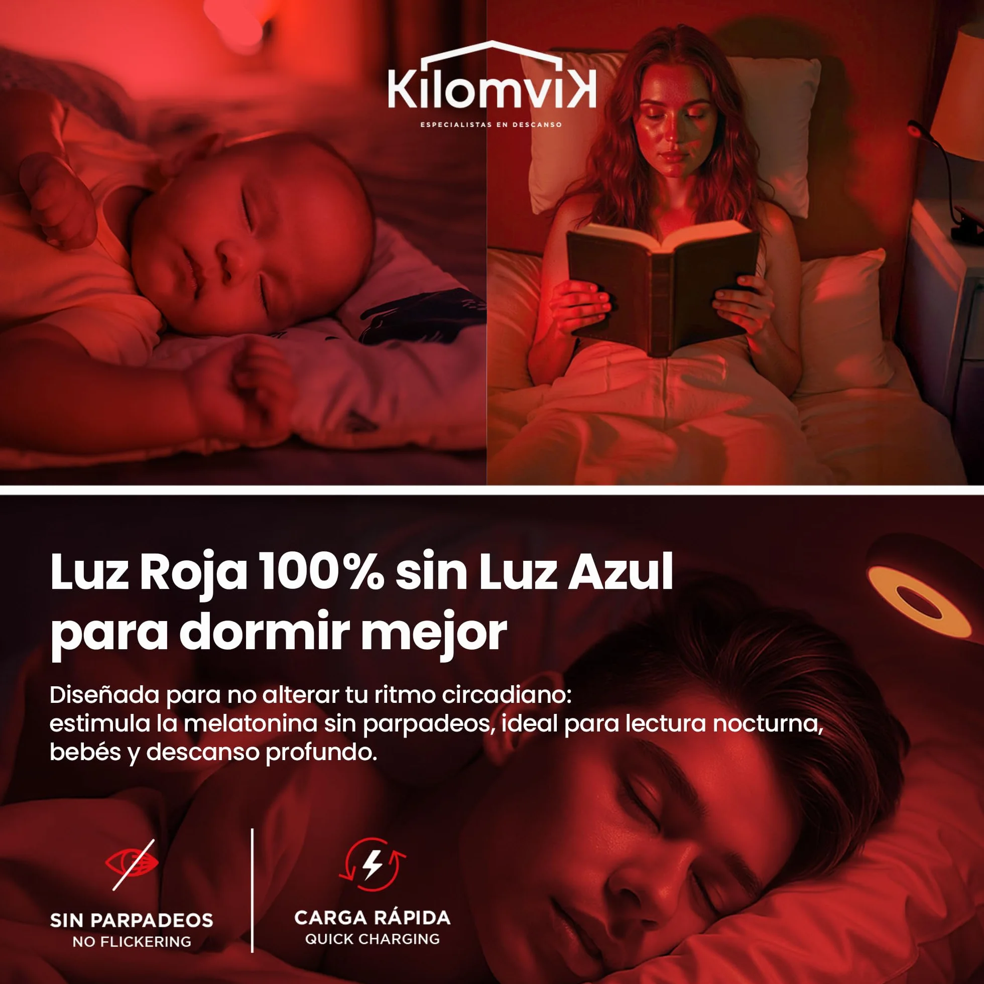 Lámpara Luz Roja Nocturna Melatonina 0% Luz Azul Sin Flicker Recargable USB 3 Intensidades Pinza Cuello Flexible 360°