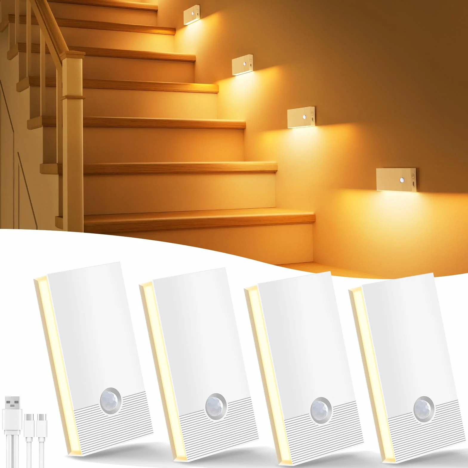 Luz Nocturna con Sensor de Movimiento, 4 Piezas Recargable LED, 3 Modos, Blanco