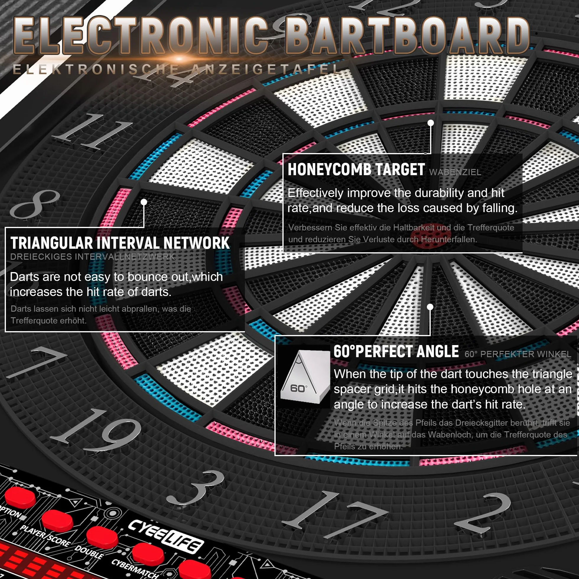 CyeeLife Diana electrónica con gabinete de Madera, Juego de Dardos electrónico, Tablero de Dardos con 34 Juegos y 355 Variantes, Modo para 8 Jugadores, Pantalla LED, Voz Alemana