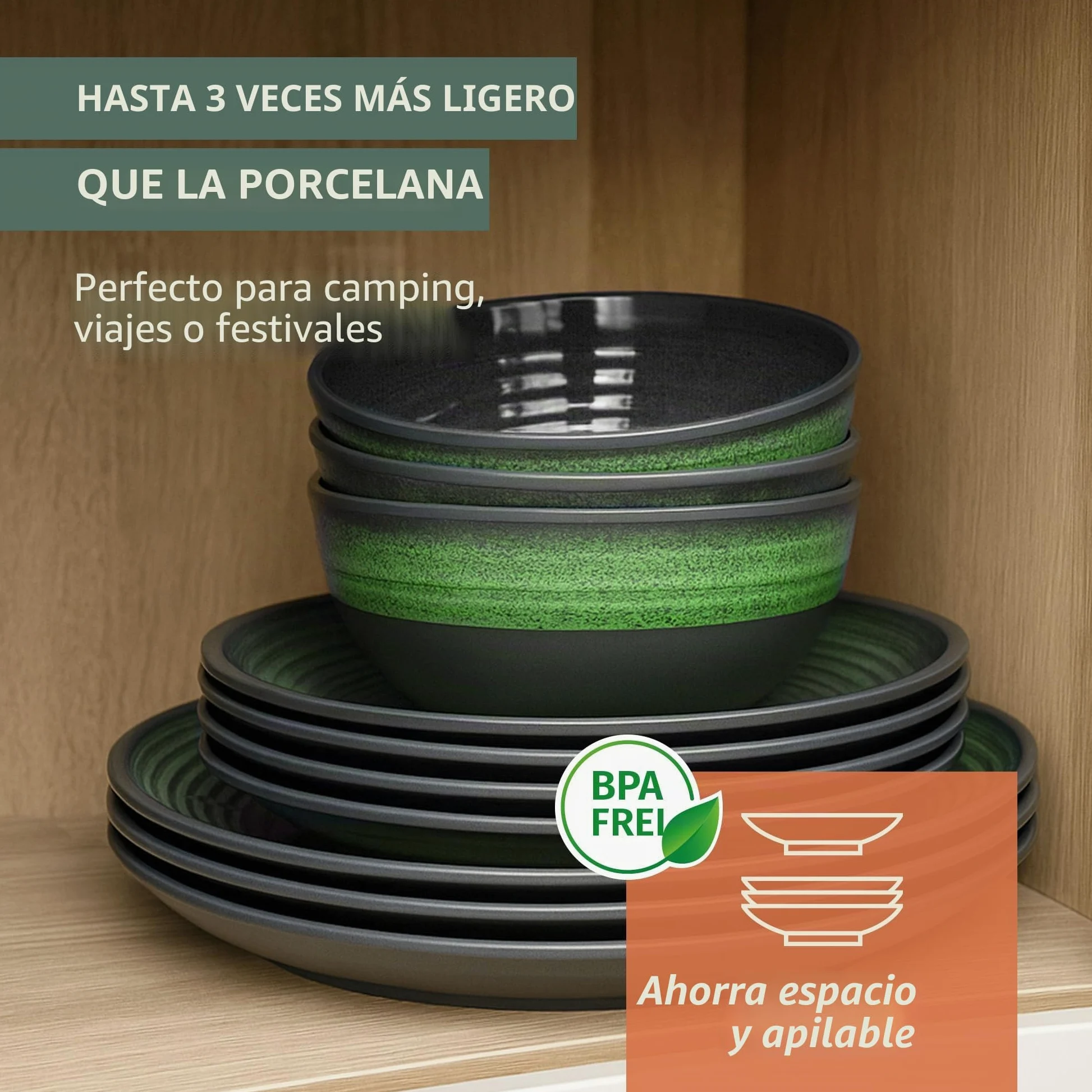 Moritz Vajilla de melamina para camping para 4 personas, 12 piezas, apta para lavavajillas, vajilla de pícnic, vajilla de camping, diseño de piedra verde