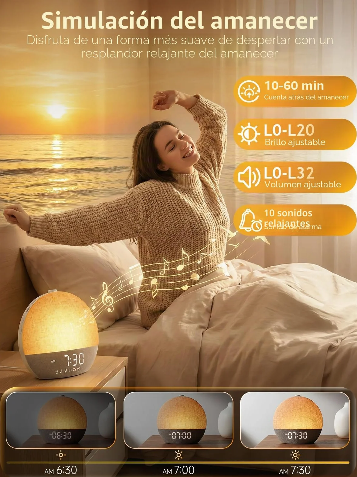 Despertador de Simulación de Amanecer con Luz Natural, 17 Tipos de Iluminación, 30 Sonidos Relajantes, Bluetooth y Alarma