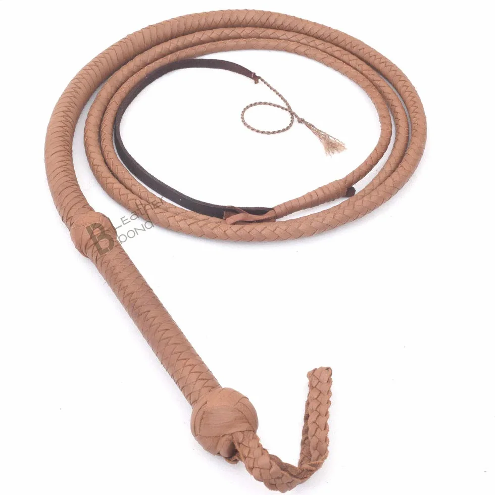 LB'S Whip Indiana Jones Style - Látigo de Toro de Piel de Vacuno Real de 4 pies y 8 Trenzas, Color marrón Tostado Natural