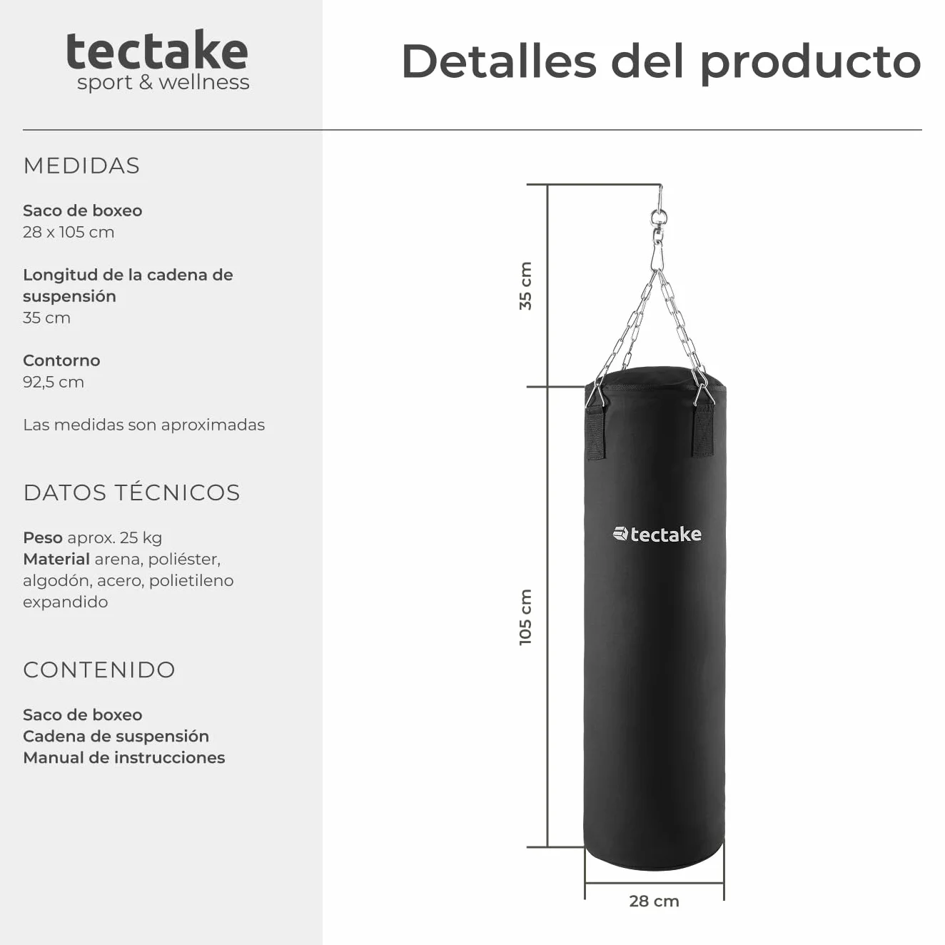 tectake® Saco de Boxeo con Suspensión de Cadena, Cierre Giratorio, para Entrenamiento en Casa, Fitness, Saco Boxeo para MMA, Muay Thai, Fitness, Kick Boxing - 28 x 28 x 105 cm