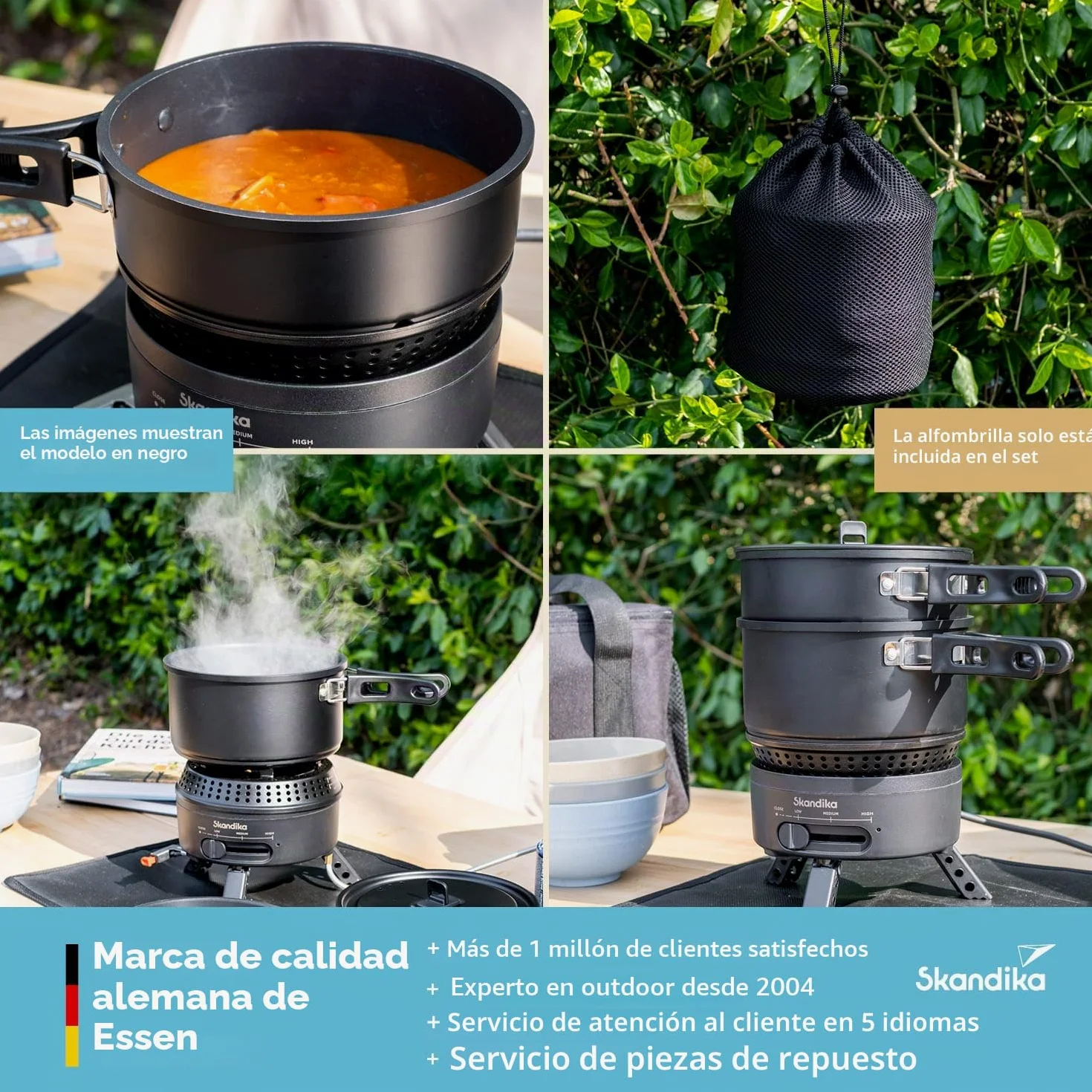 Skandika Hornillo de camping Rask | Hornillo híbrido para camping, 2 en 1, funciona con electricidad o gas, encendido piezoeléctrico, con utensilios de cocina (verde)