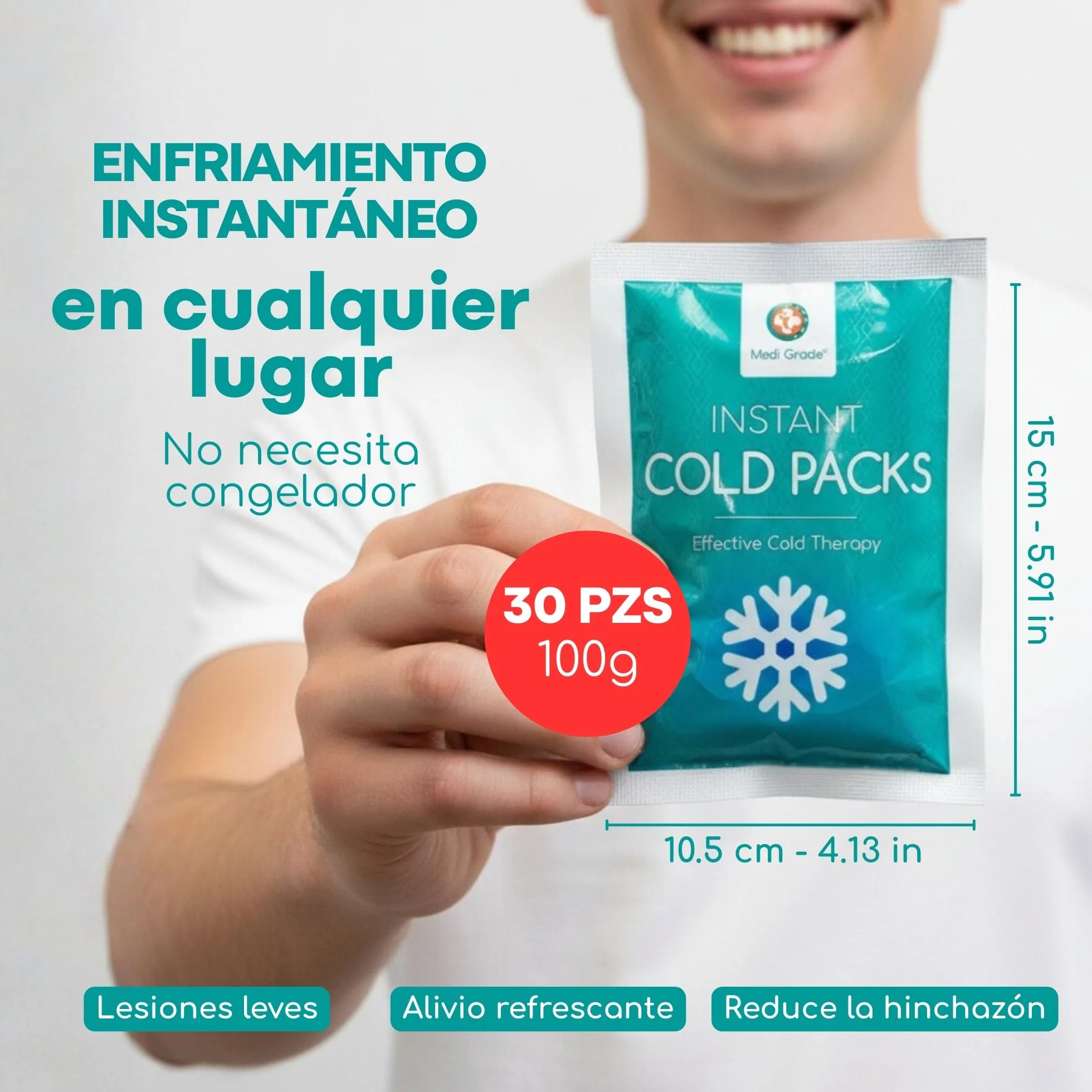Medi Grade Bolsas de Frío Instantáneo 30 uds 100 g, Alivio Rápido Sin Frigorífico, 11,43x15,24 cm