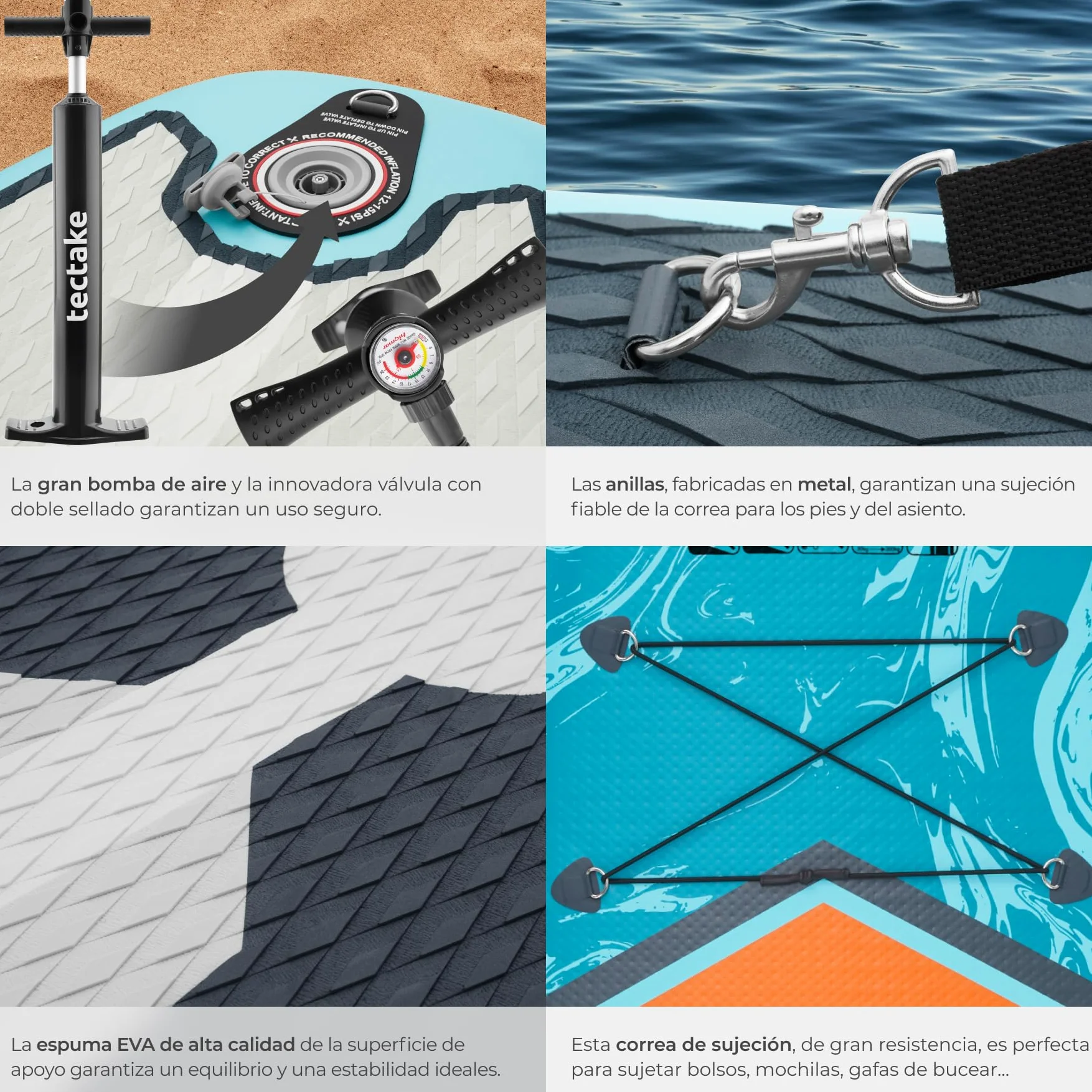 tectake® Tabla Sup Hinchable, Soporte Cámara, 200 kg, Antideslizante | Asiento de Kayak, hasta 200 kg, Antideslizante, 288 cm, Material Drop-Stitch, Raqueta Doble Ajustable, SUP, Turquesa/Naranja