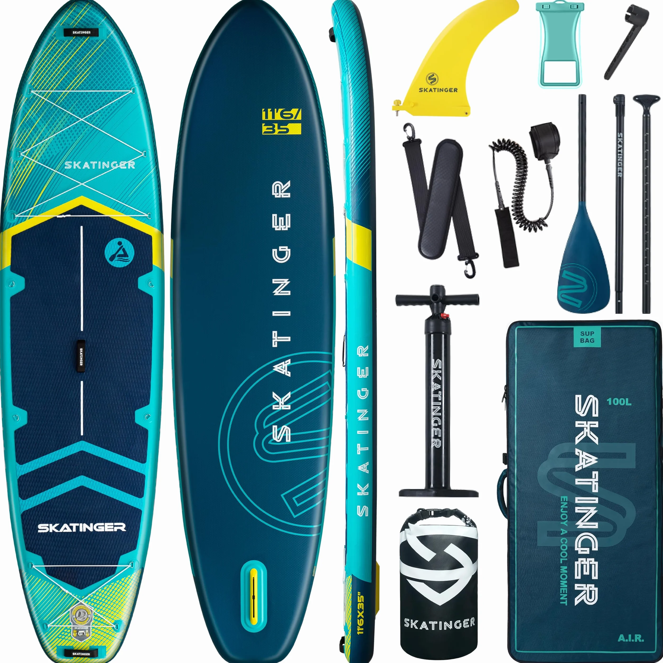 Skatinger Tabla de Remo Inflable de pie, Tabla de Remo Inflable de 11 x 34 x 6 Pulgadas, Tabla de Remo de Yoga con Mochila 1600D, 6 Anillos en D adicionales, Correa para el Hombro, Aleta Central de
