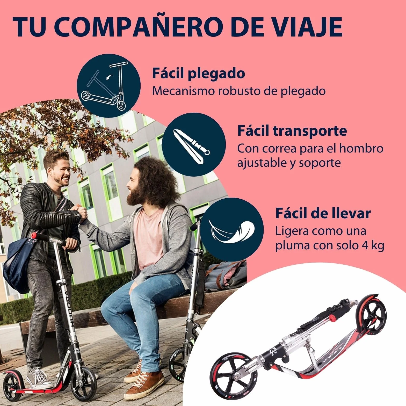 HUDORA BigWheel Scooter 205 Scooter Robusto de Aluminio Regulable en Altura y Plegable para Niños y Adultos hasta 100 kg