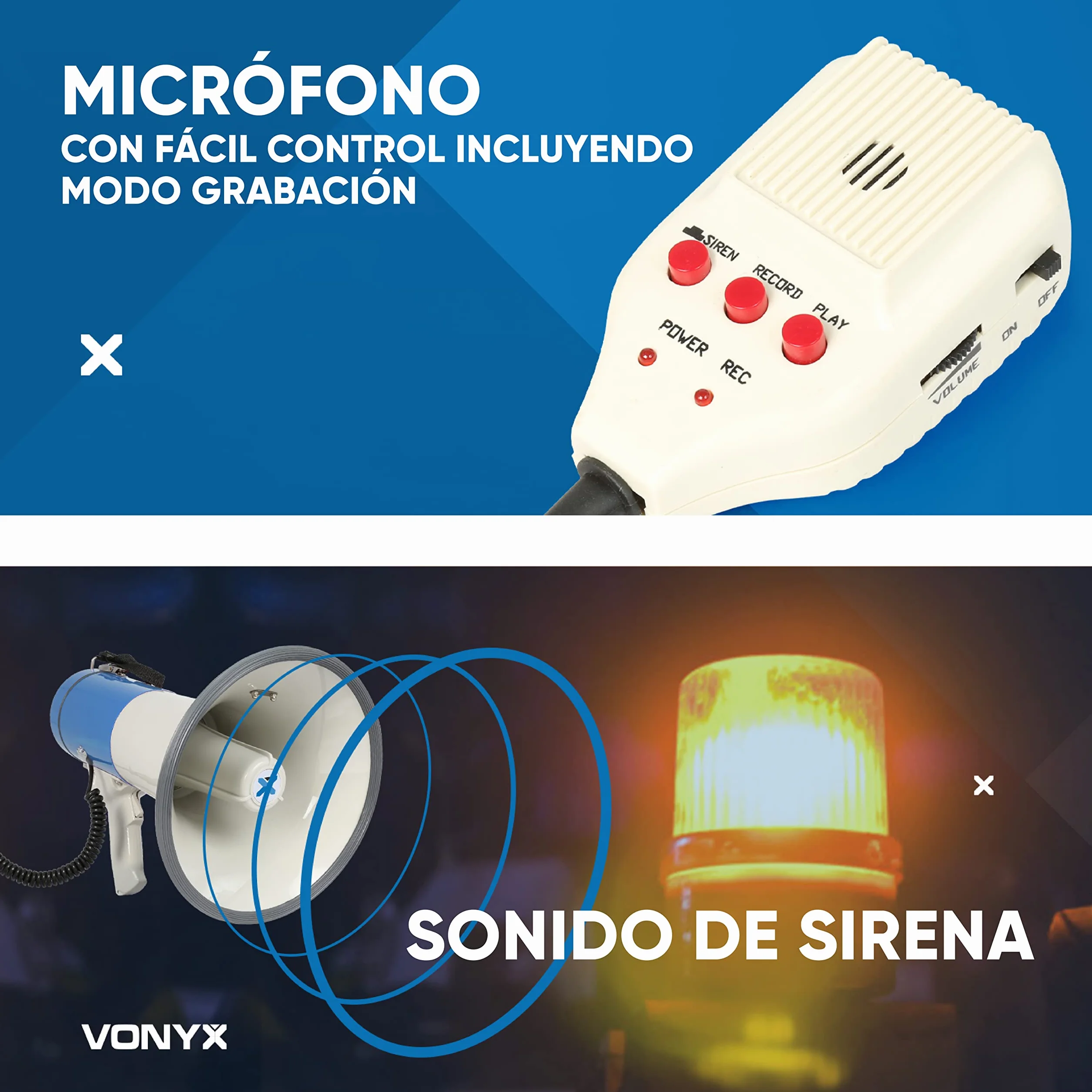 Vonyx Megáfono Portátil 55W 60W 65W Grabación 1,2 km Micrófono Extraíble Reproductor MP3 USB Correa Hombro