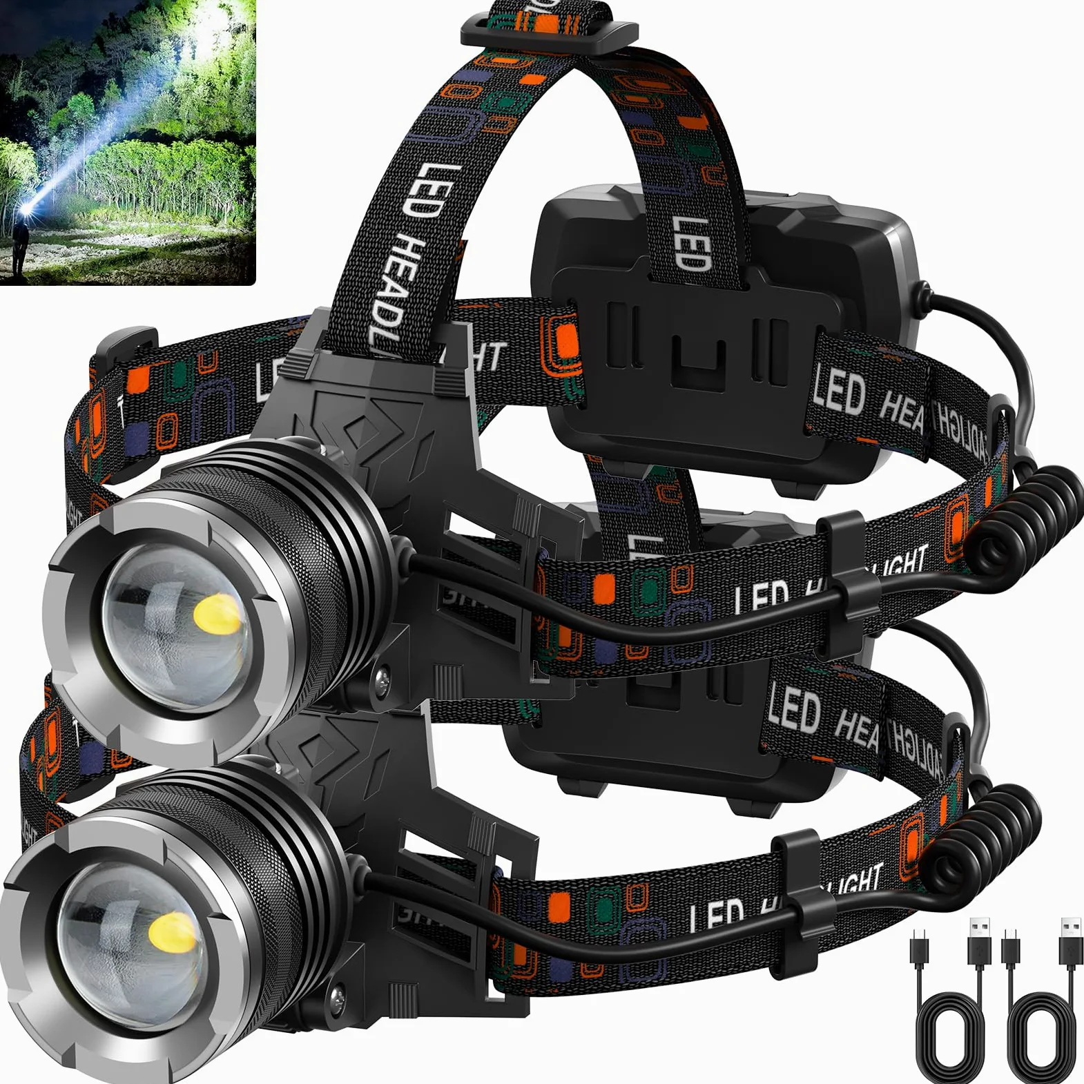 NJ FOREVER Linterna frontal LED recargable, 3000 lúmenes, lámpara de cabeza superbrillante con 5 modos, ajustable a 90°, recargable por USB, faros LED impermeables para adultos, camping, senderismo
